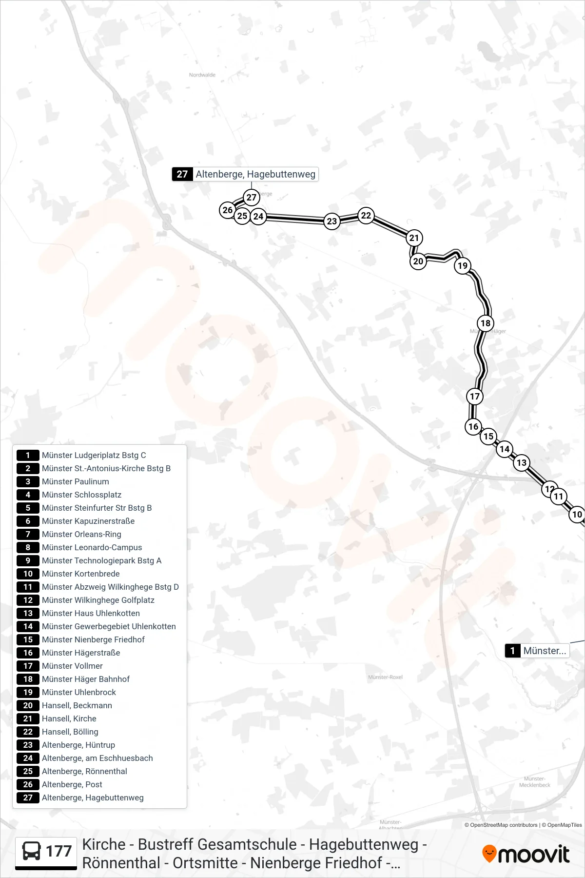 177 bus Line (Altenberge, Hagebuttenweg) route and stops on a map