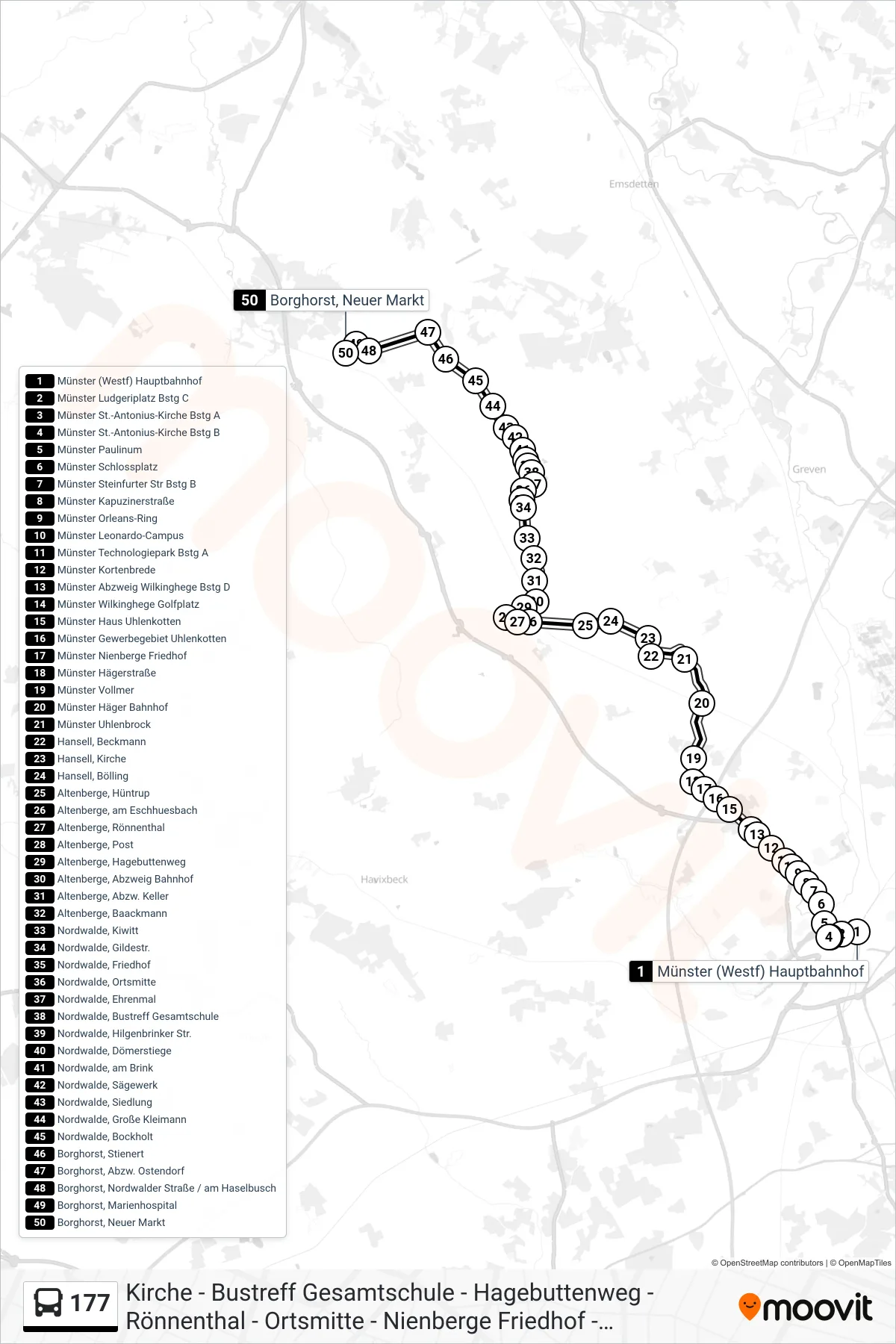 177 bus Line (Borghorst, Neuer Markt) route and stops on a map