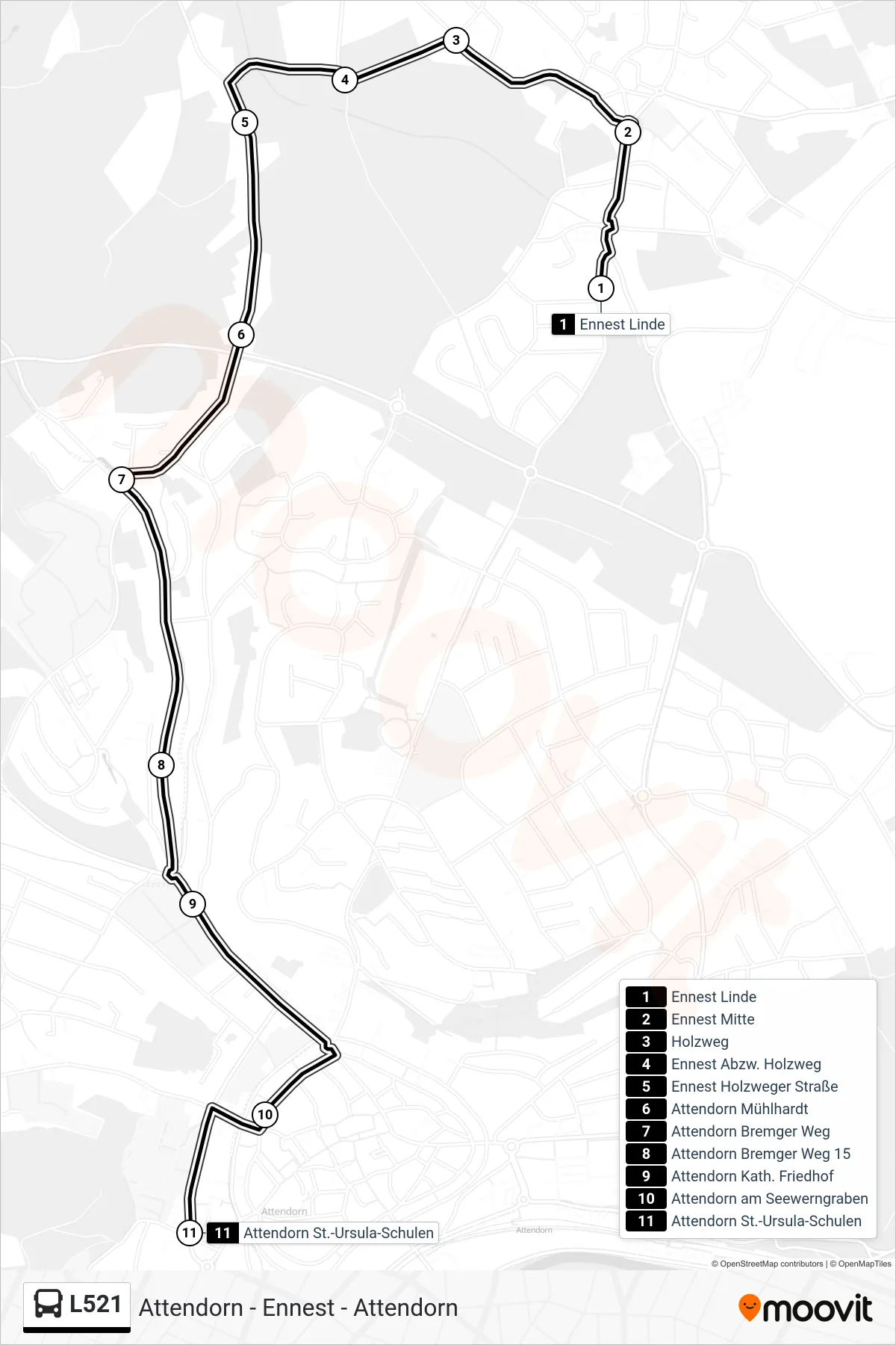 L521 bus Line (Attendorn St.-Ursula-Schulen) route and stops on a map