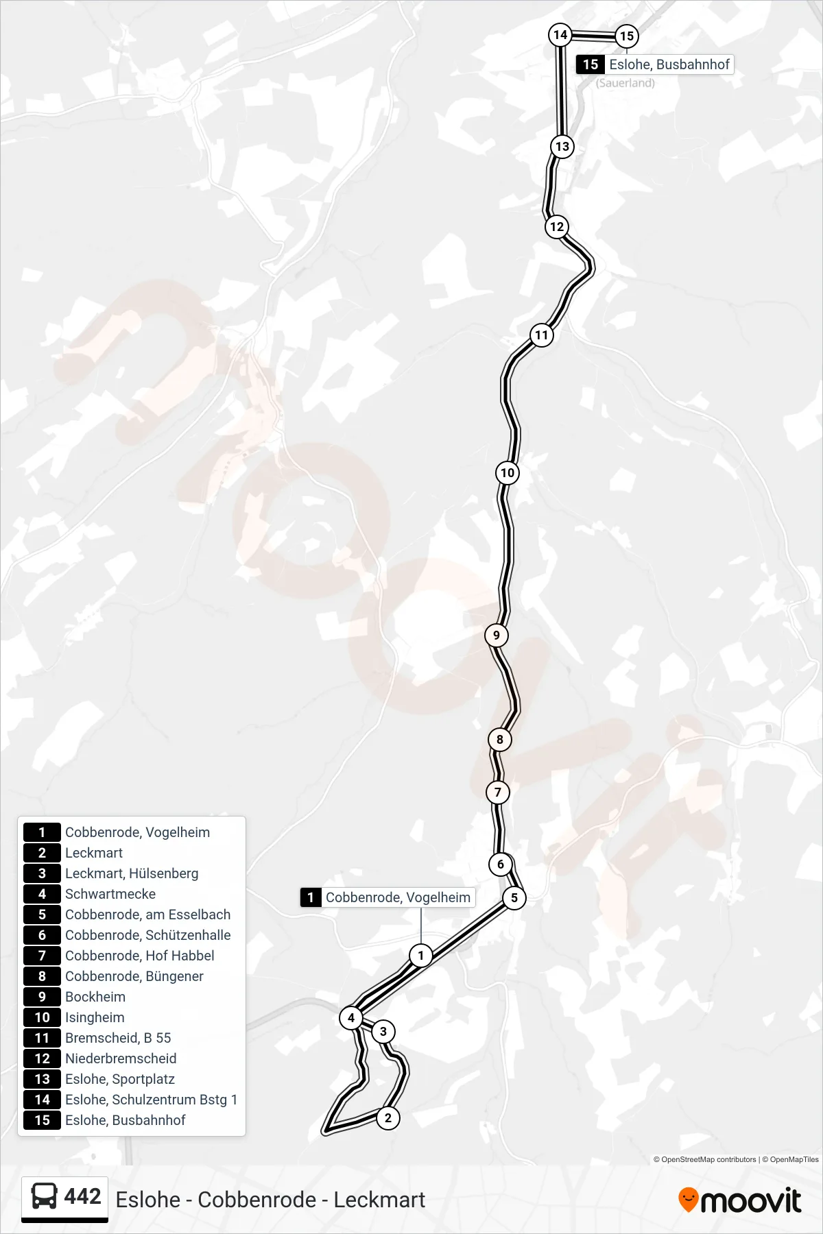 Linie 442 (Bus) Richtung Eslohe, Busbahnhof: Route und Haltestellen auf der Karte