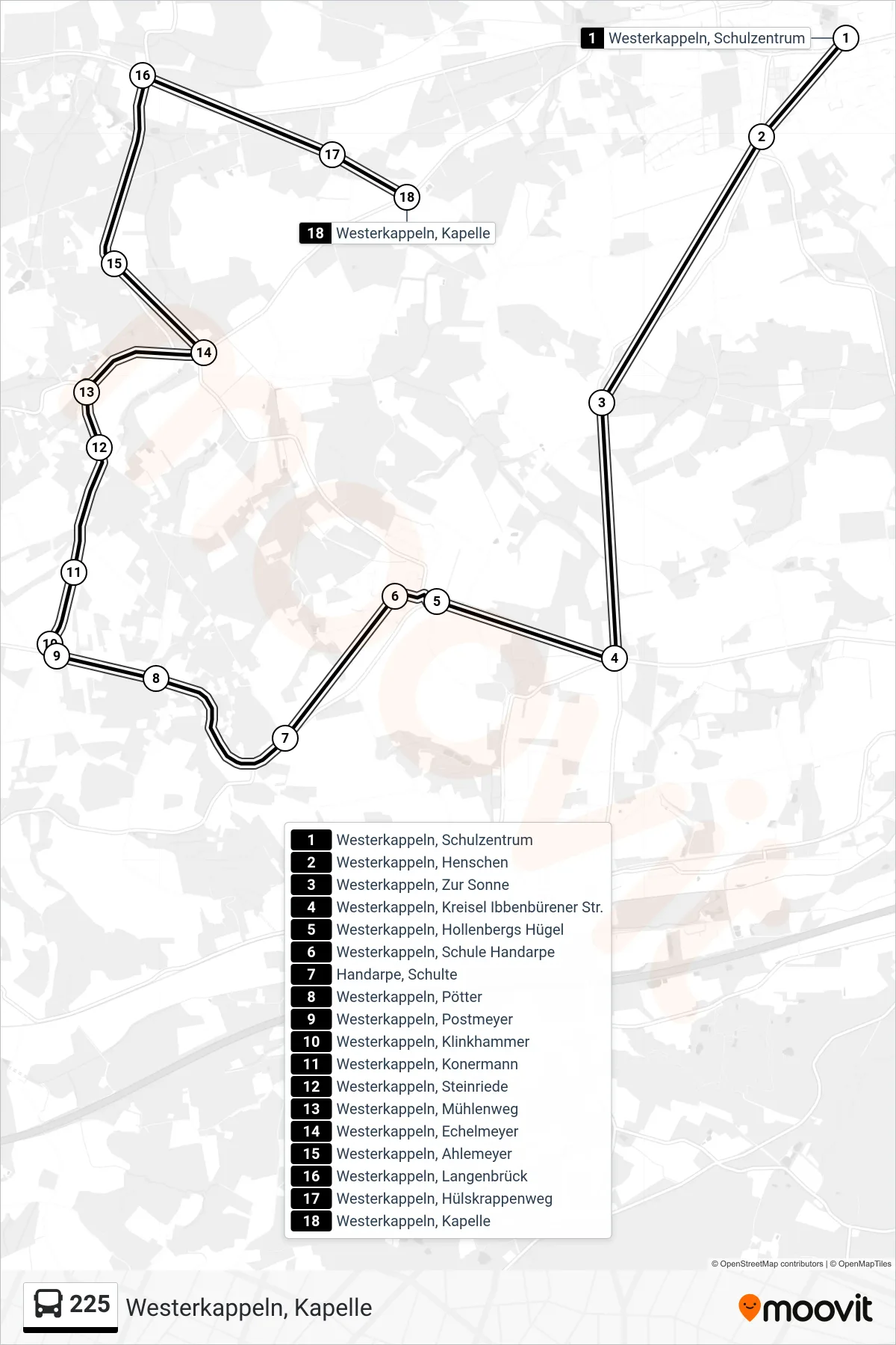 225 bus Line (Westerkappeln, Kapelle) route and stops on a map