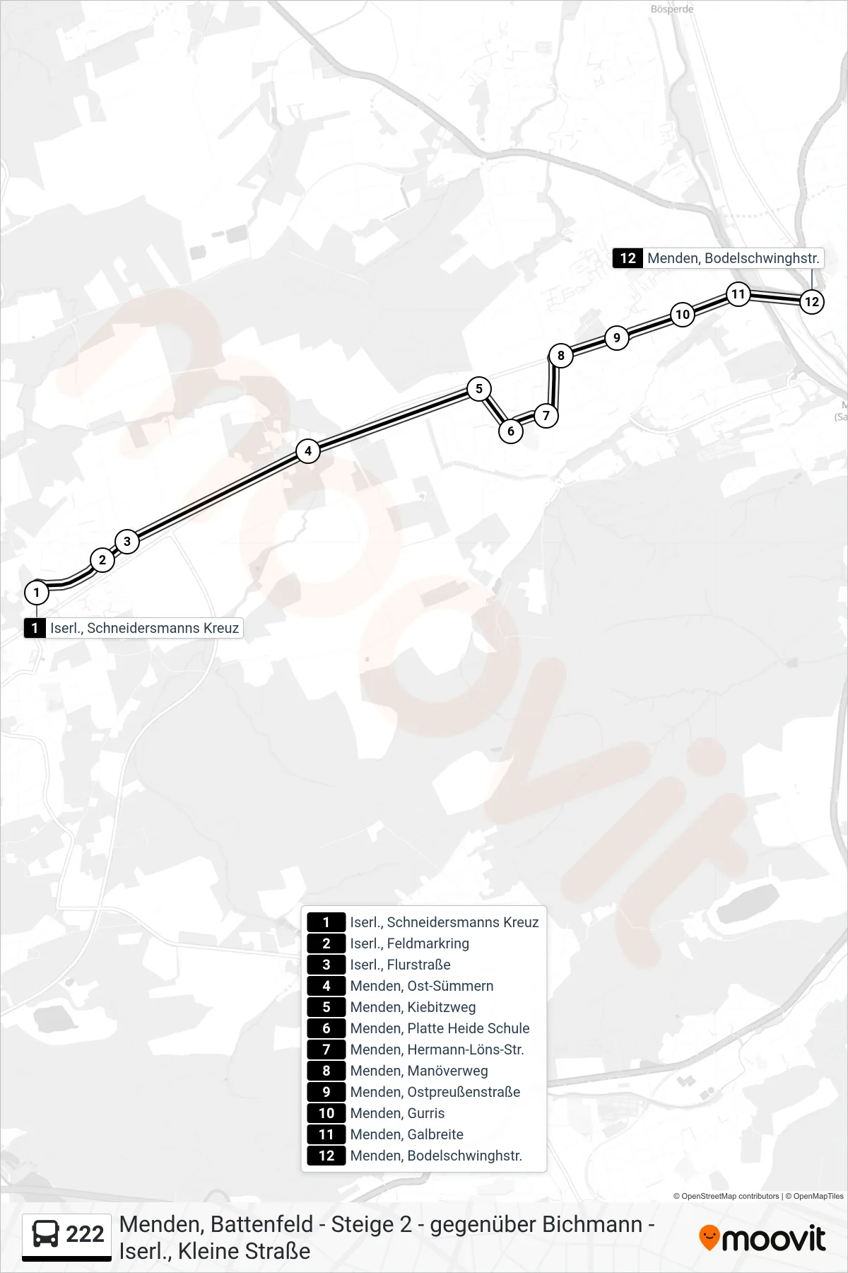 222 bus Line (Menden, Bodelschwinghstr.) route and stops on a map