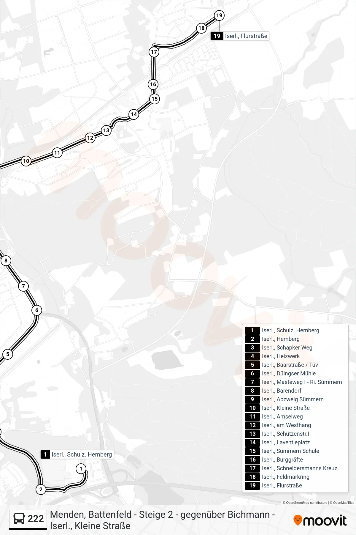 222 bus Line (Iserl., Flurstraße) route and stops on a map