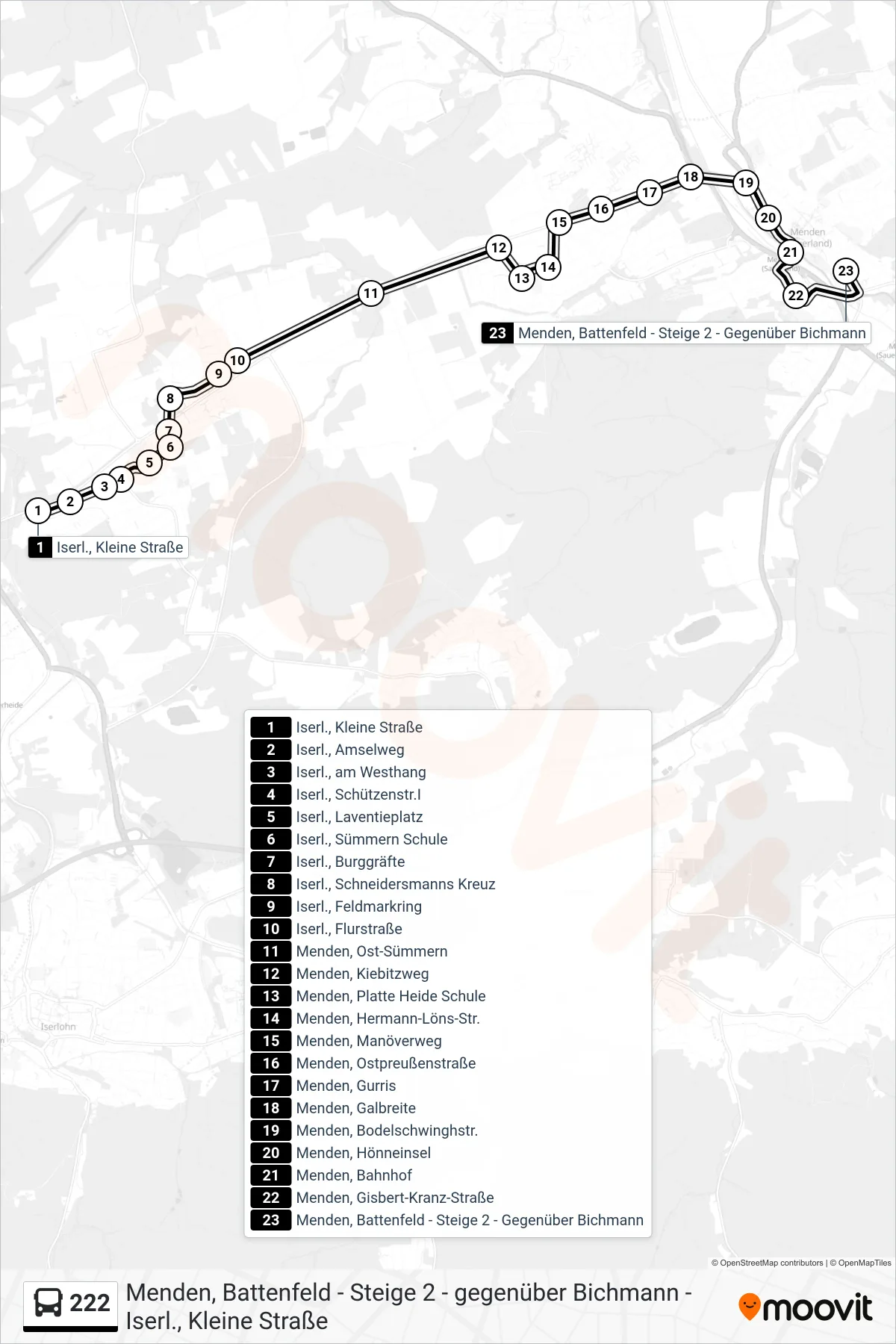 222 bus Line (Menden, Battenfeld - Steige 2 - Gegenüber Bichmann) route and stops on a map
