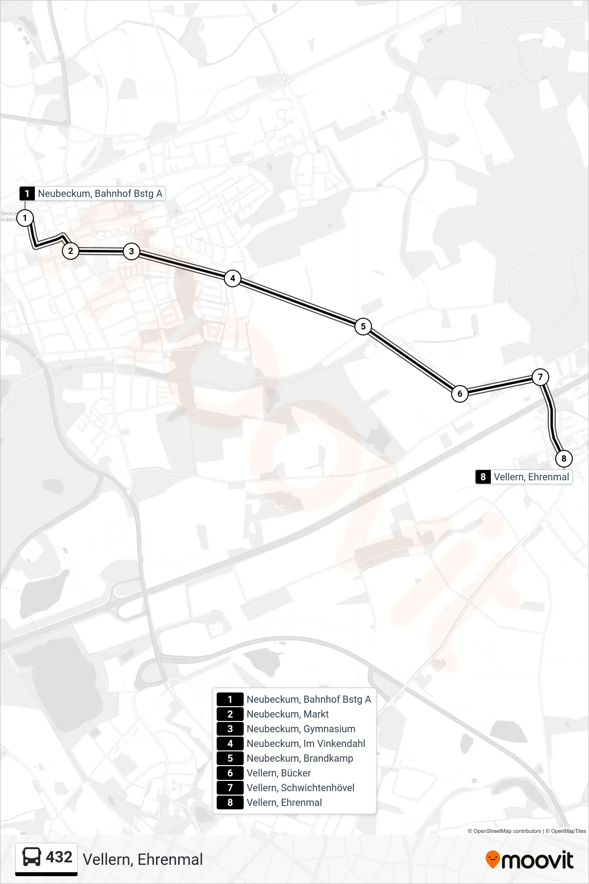 432 bus Line (Vellern, Ehrenmal) route and stops on a map