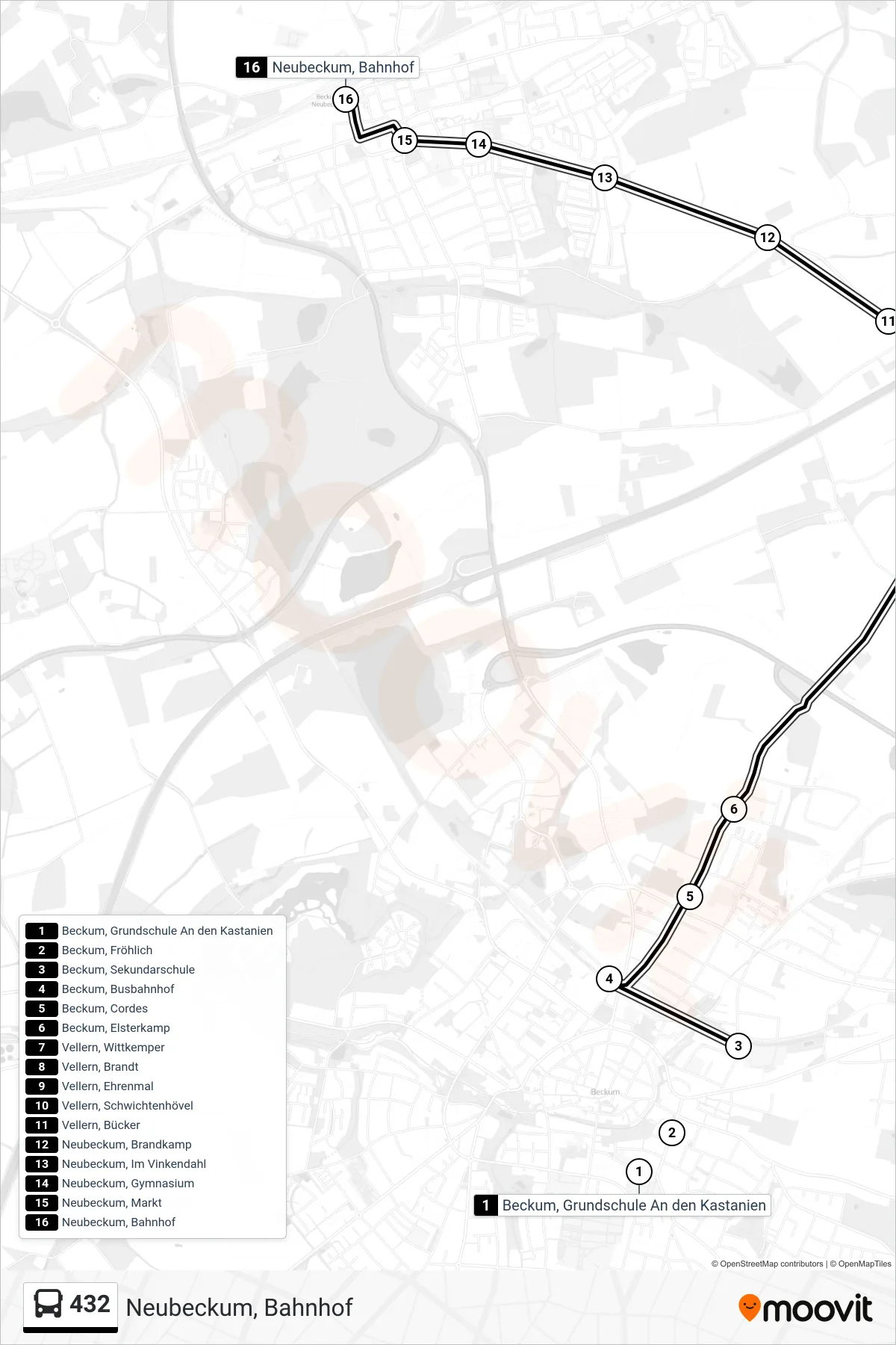 Linie 432 (Bus) Richtung Neubeckum, Bahnhof: Route und Haltestellen auf der Karte