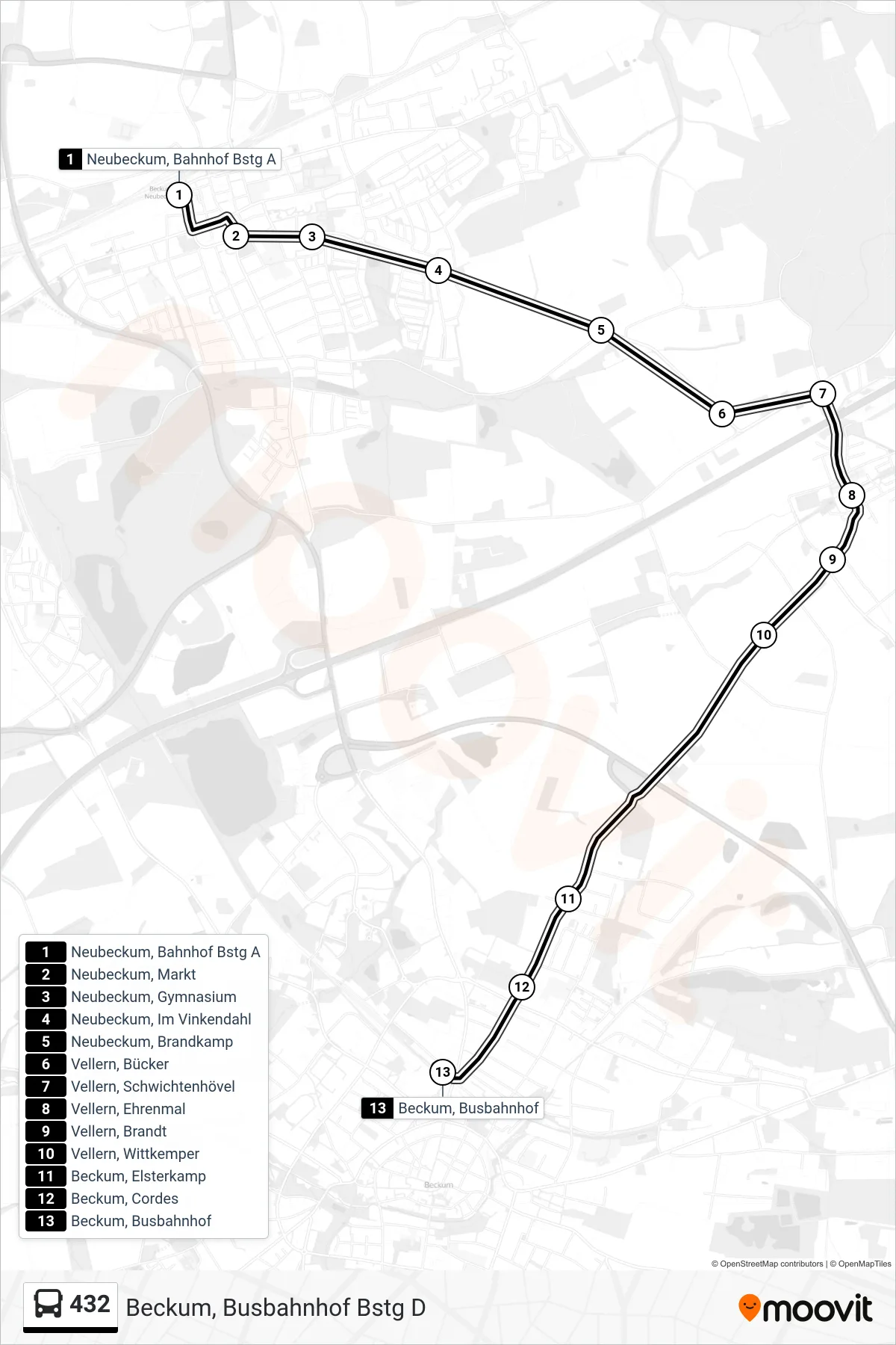 432 bus Line (Beckum, Busbahnhof Bstg D) route and stops on a map