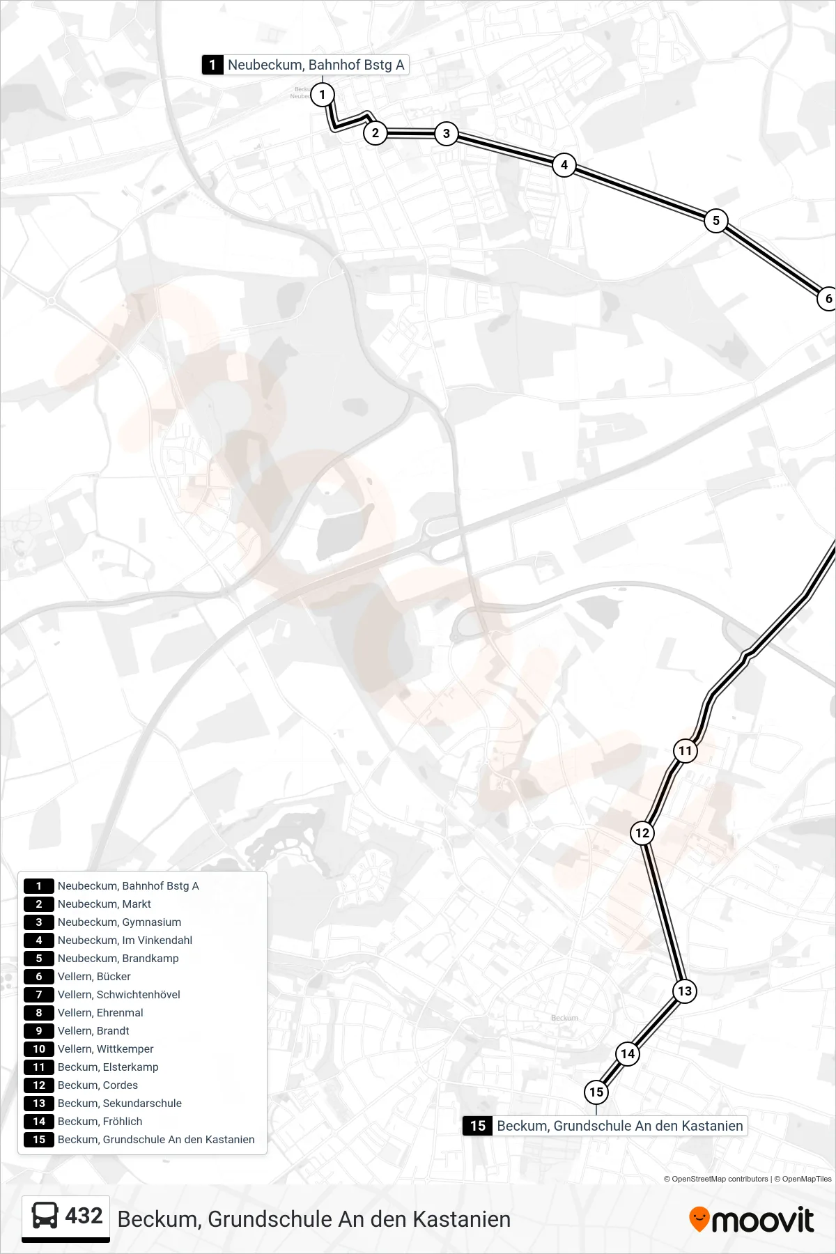 432 bus Line (Beckum, Grundschule An den Kastanien) route and stops on a map