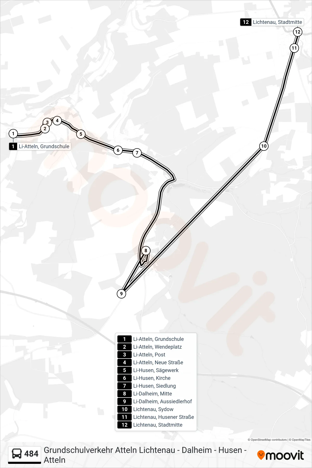 484 bus Line (Lichtenau, Stadtmitte) route and stops on a map