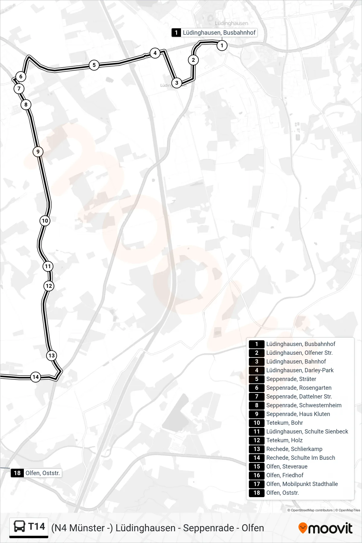 T14 bus Line (Olfen, Oststr.) route and stops on a map