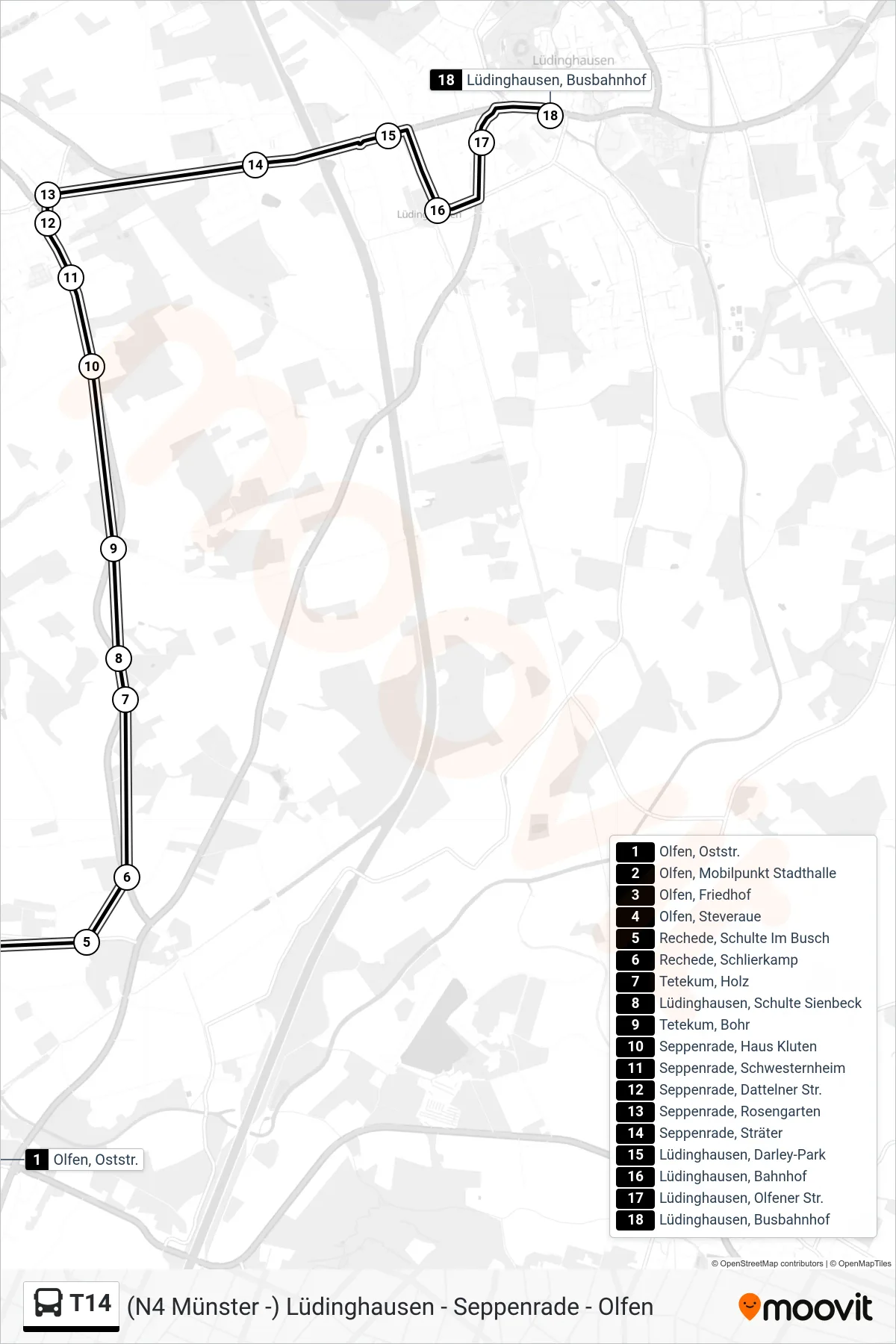 Linie T14 (Bus) Richtung Lüdinghausen, Busbahnhof E: Route und Haltestellen auf der Karte