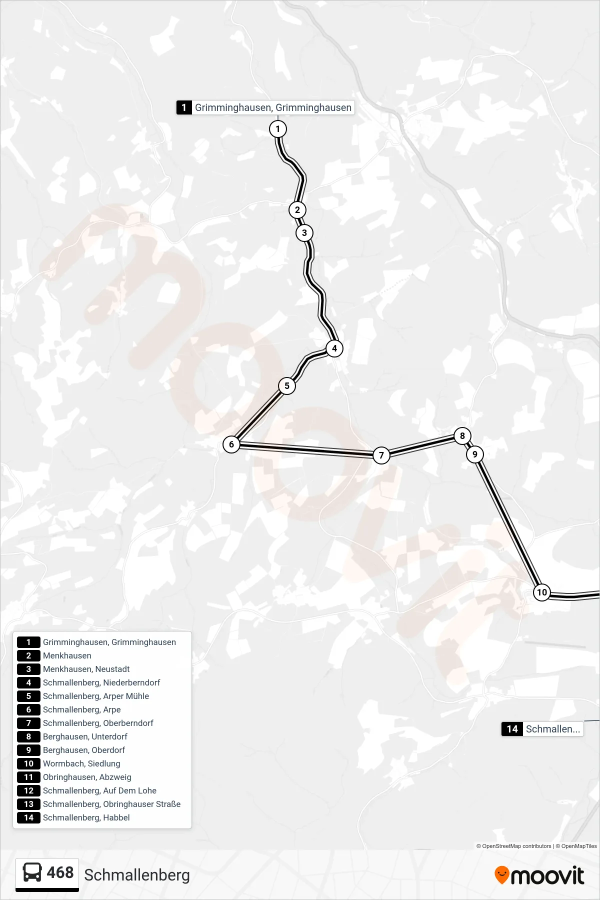 468 bus Line (Schmallenberg) route and stops on a map