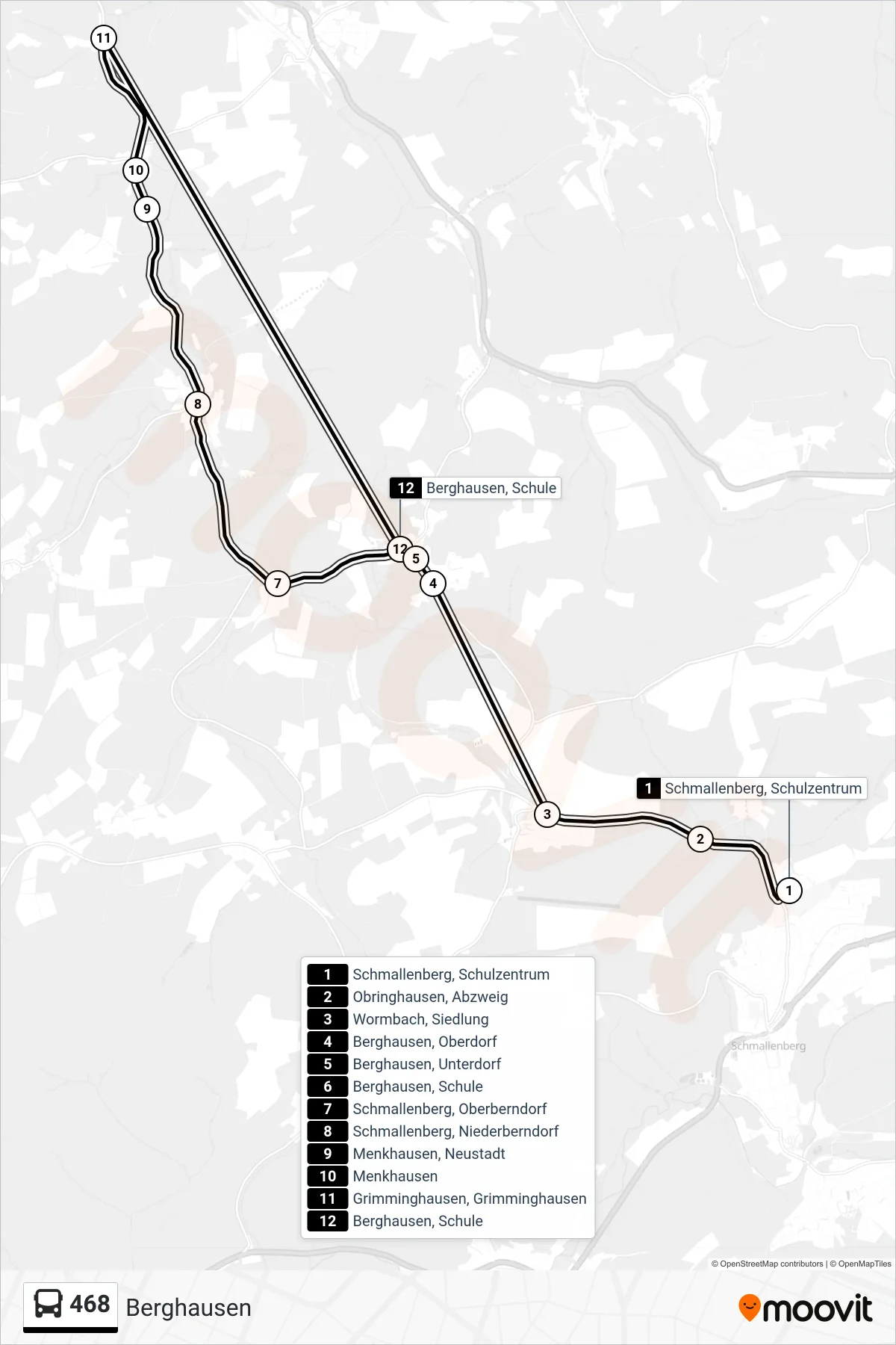 468 bus Line (Berghausen) route and stops on a map