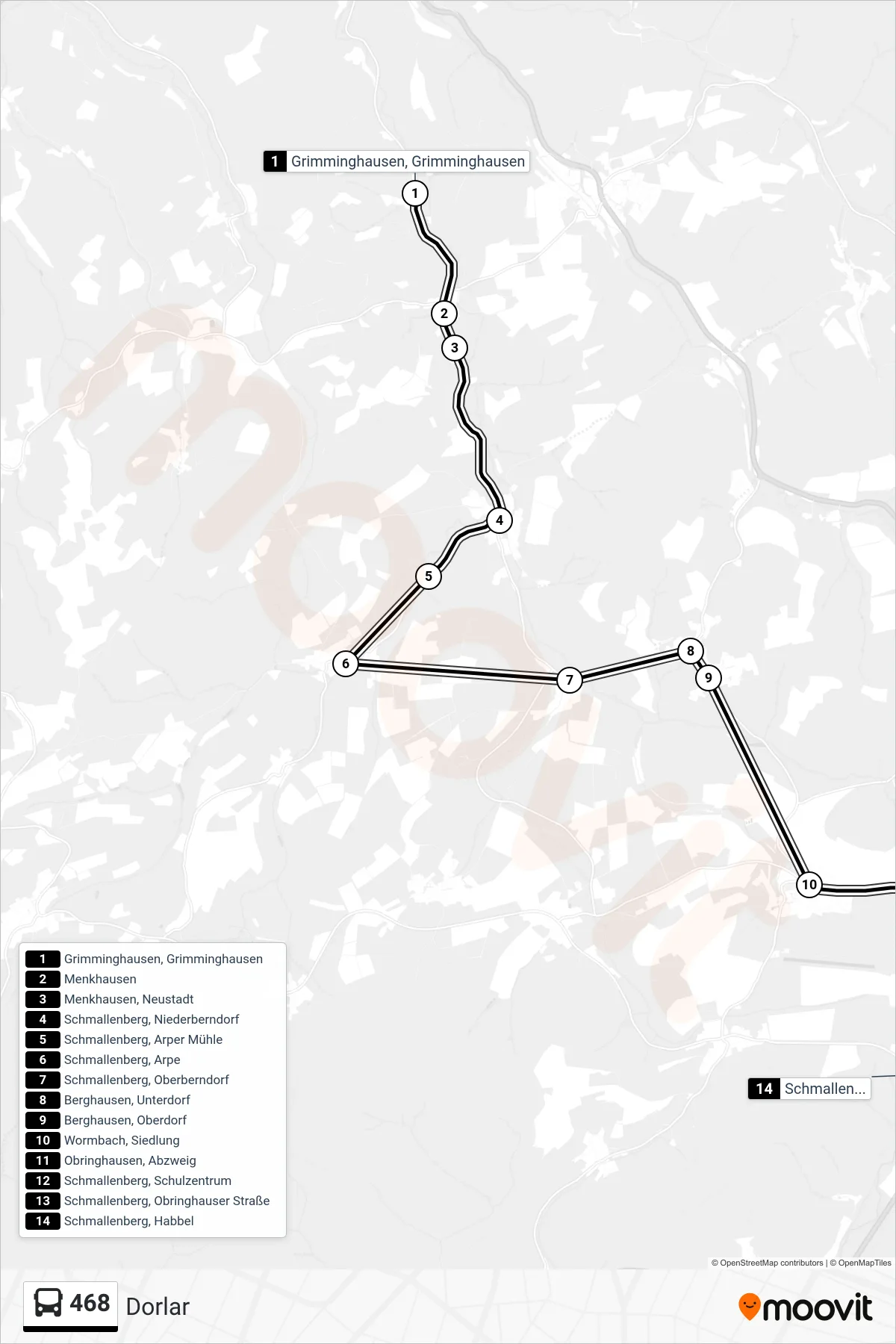 468 bus Line (Dorlar) route and stops on a map
