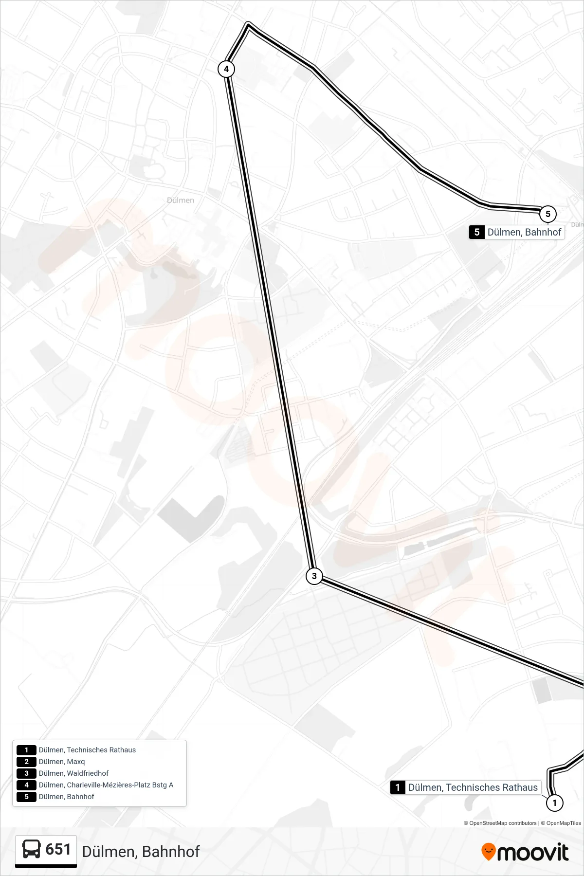 651 bus Line (Dülmen, Bahnhof) route and stops on a map