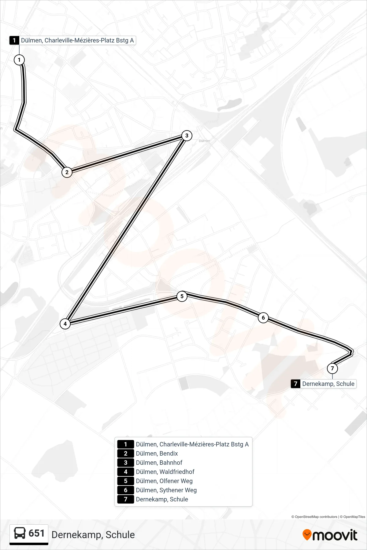 651 bus Line (Dernekamp, Schule) route and stops on a map