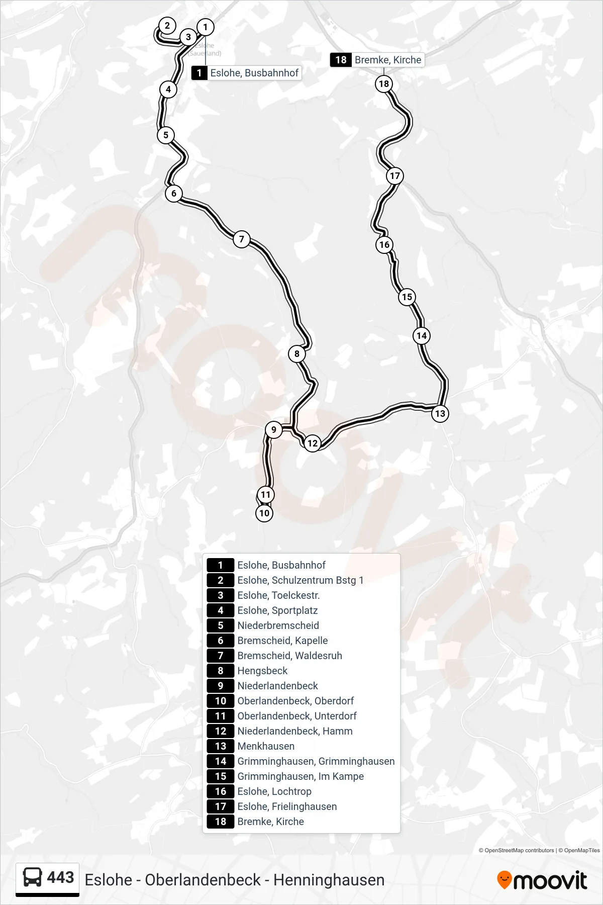443 bus Line (Bremke) route and stops on a map