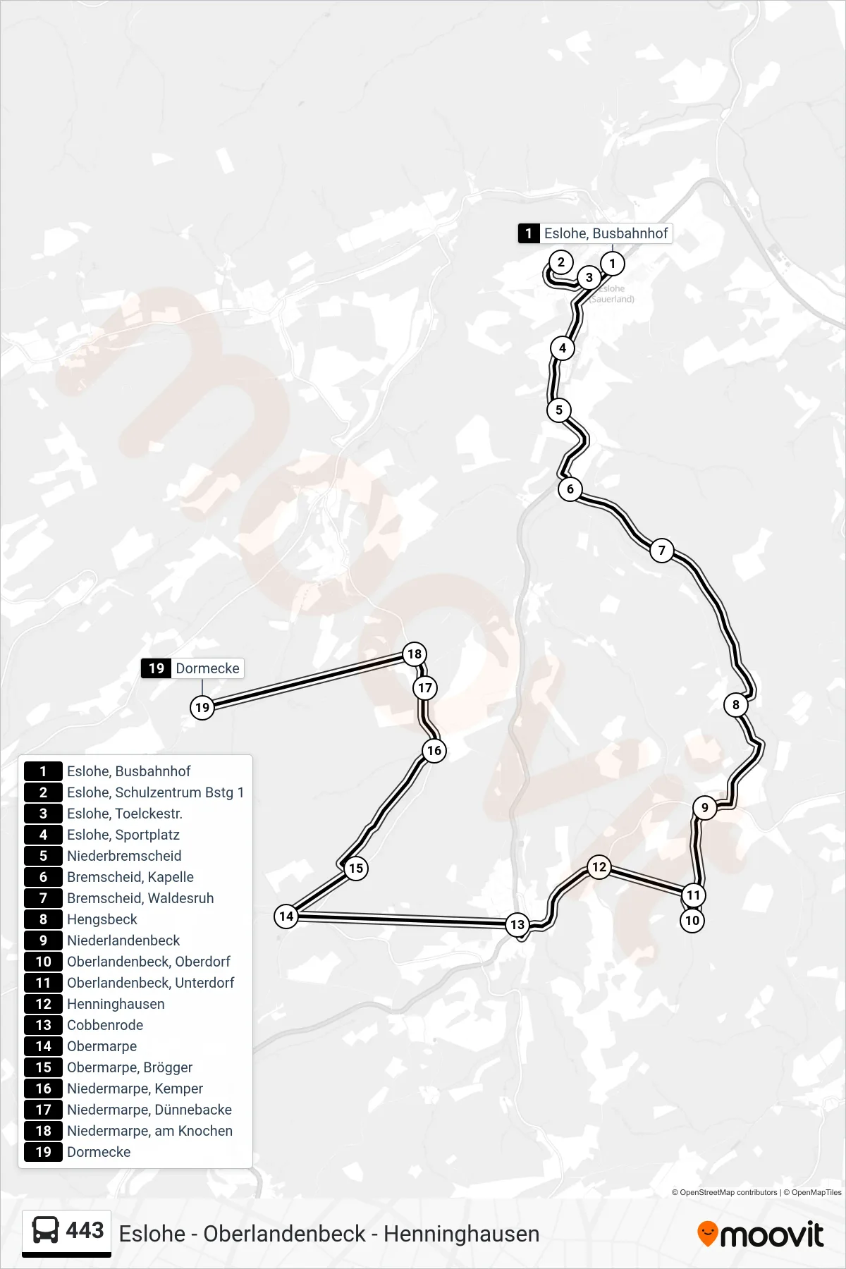443 bus Line (Dormecke) route and stops on a map