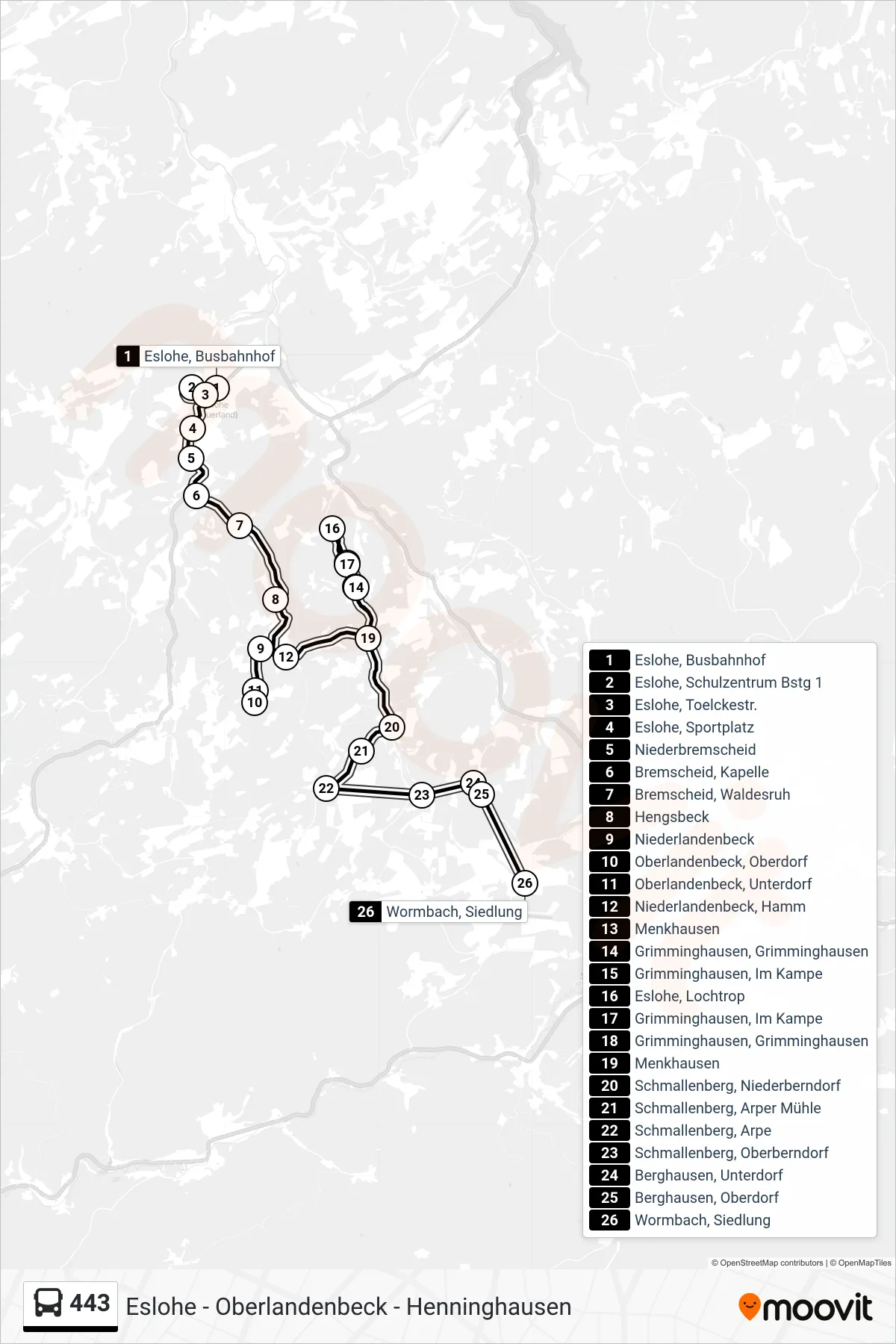 443 bus Line (Wormbach) route and stops on a map
