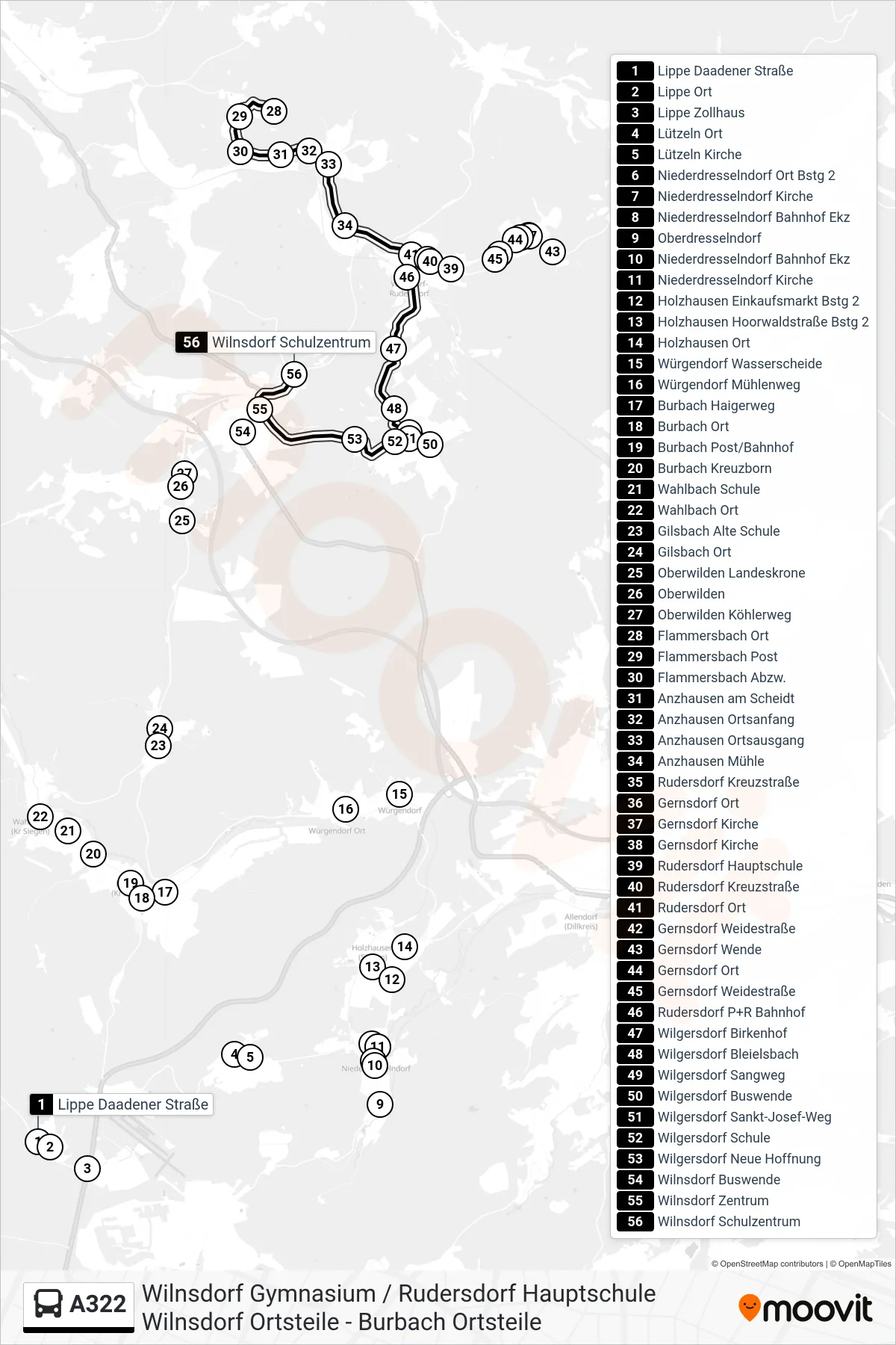 A322 bus Line (Wilnsdorf Schulzentrum) route and stops on a map