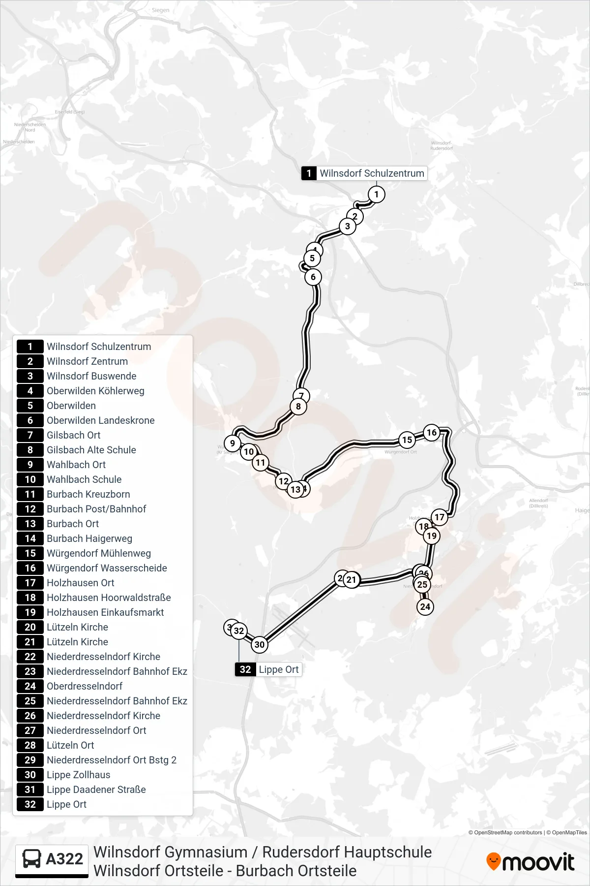 A322 bus Line (Lippe Ort) route and stops on a map