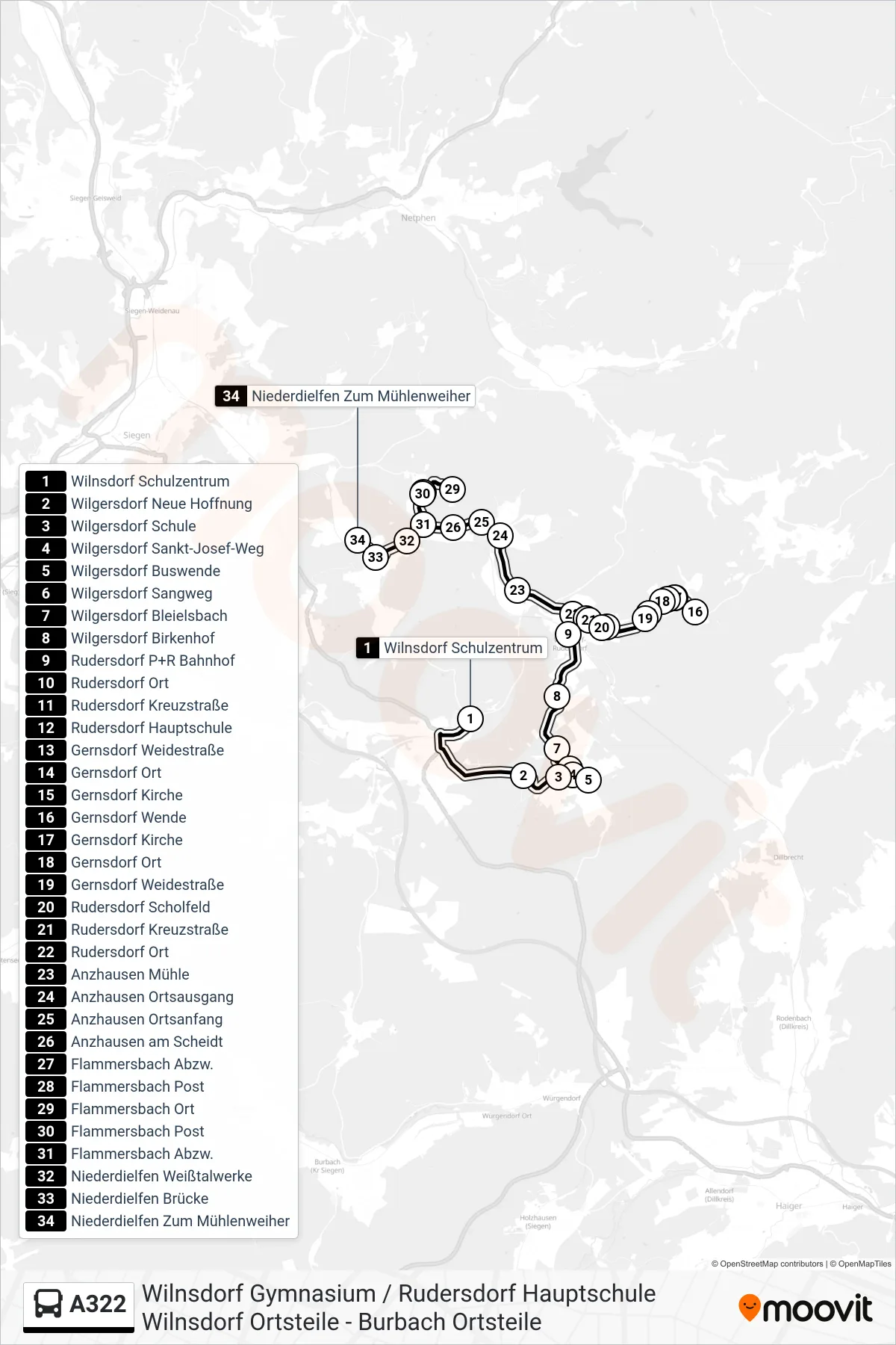 A322 bus Line (Niederdielfen Zum Mühlenweiher) route and stops on a map