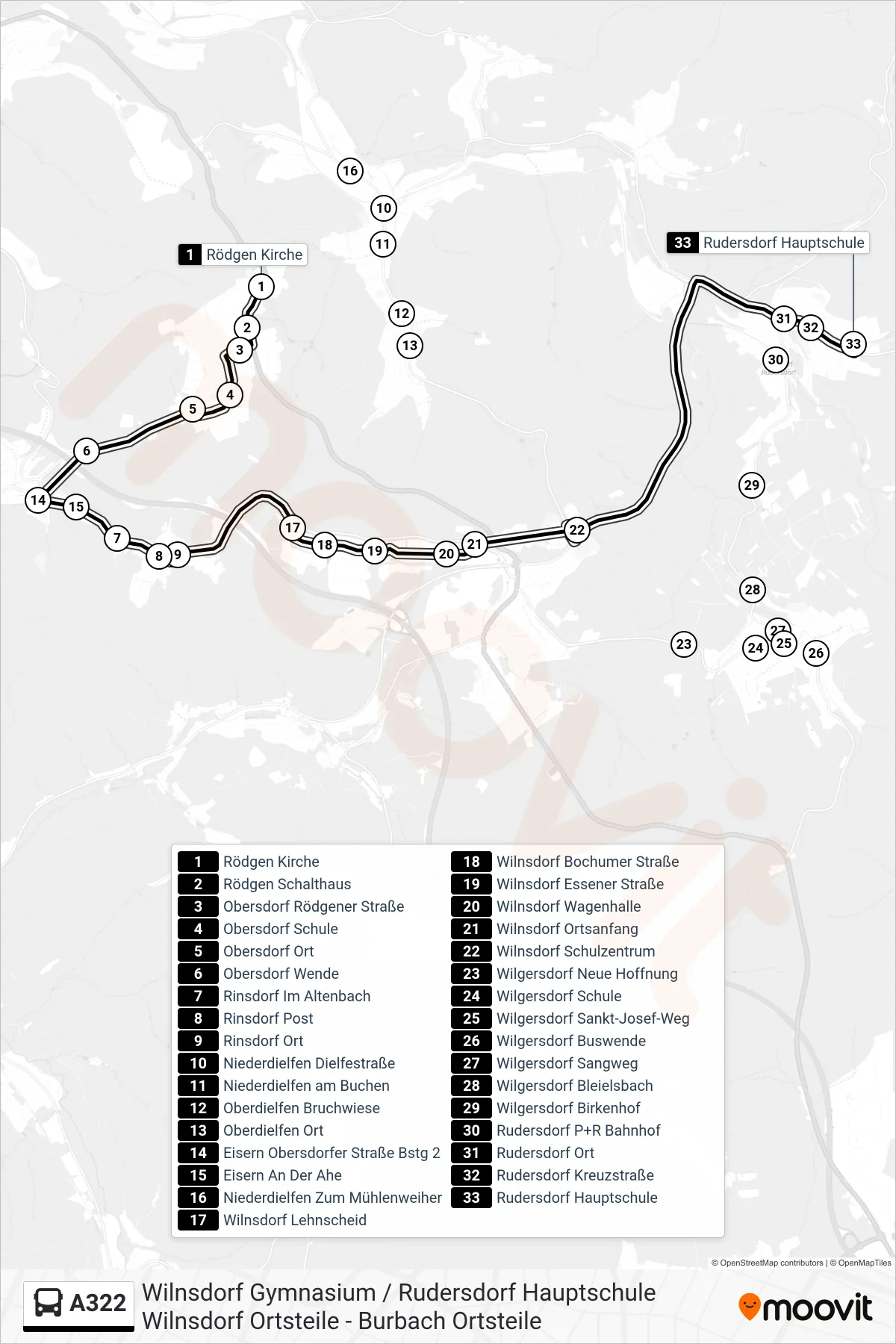 A322 bus Line (Rudersdorf Hauptschule) route and stops on a map