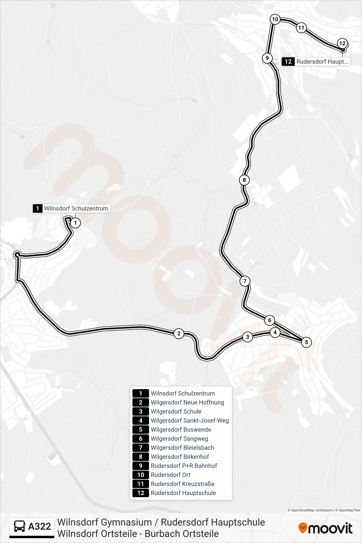 A322 bus Line (Rudersdorf Hauptschule) route and stops on a map
