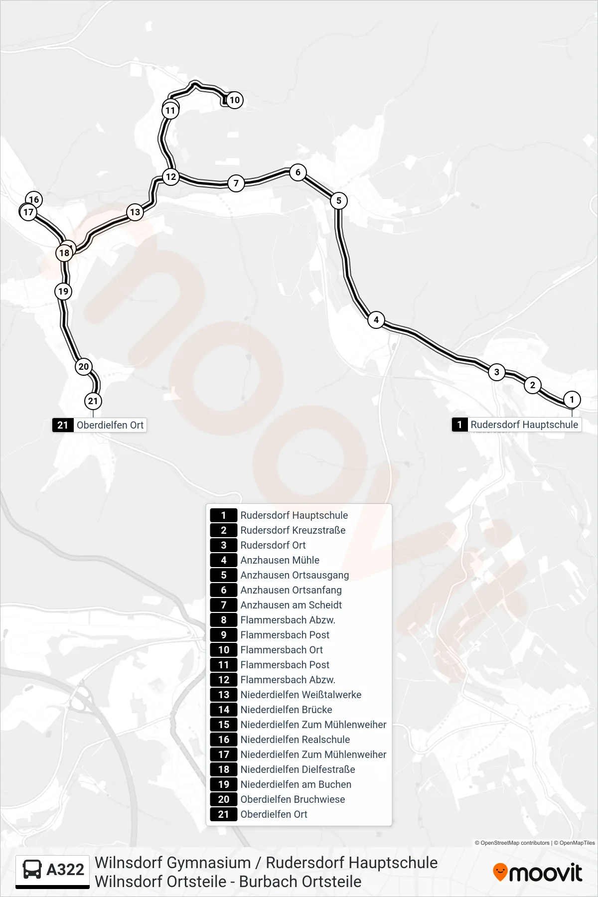 A322 bus Line (Oberdielfen Ort) route and stops on a map