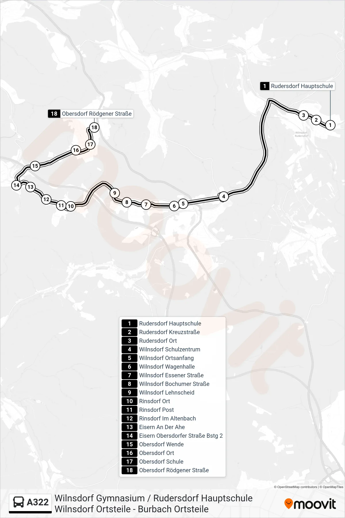 A322 bus Line (Obersdorf Rödgener Straße) route and stops on a map