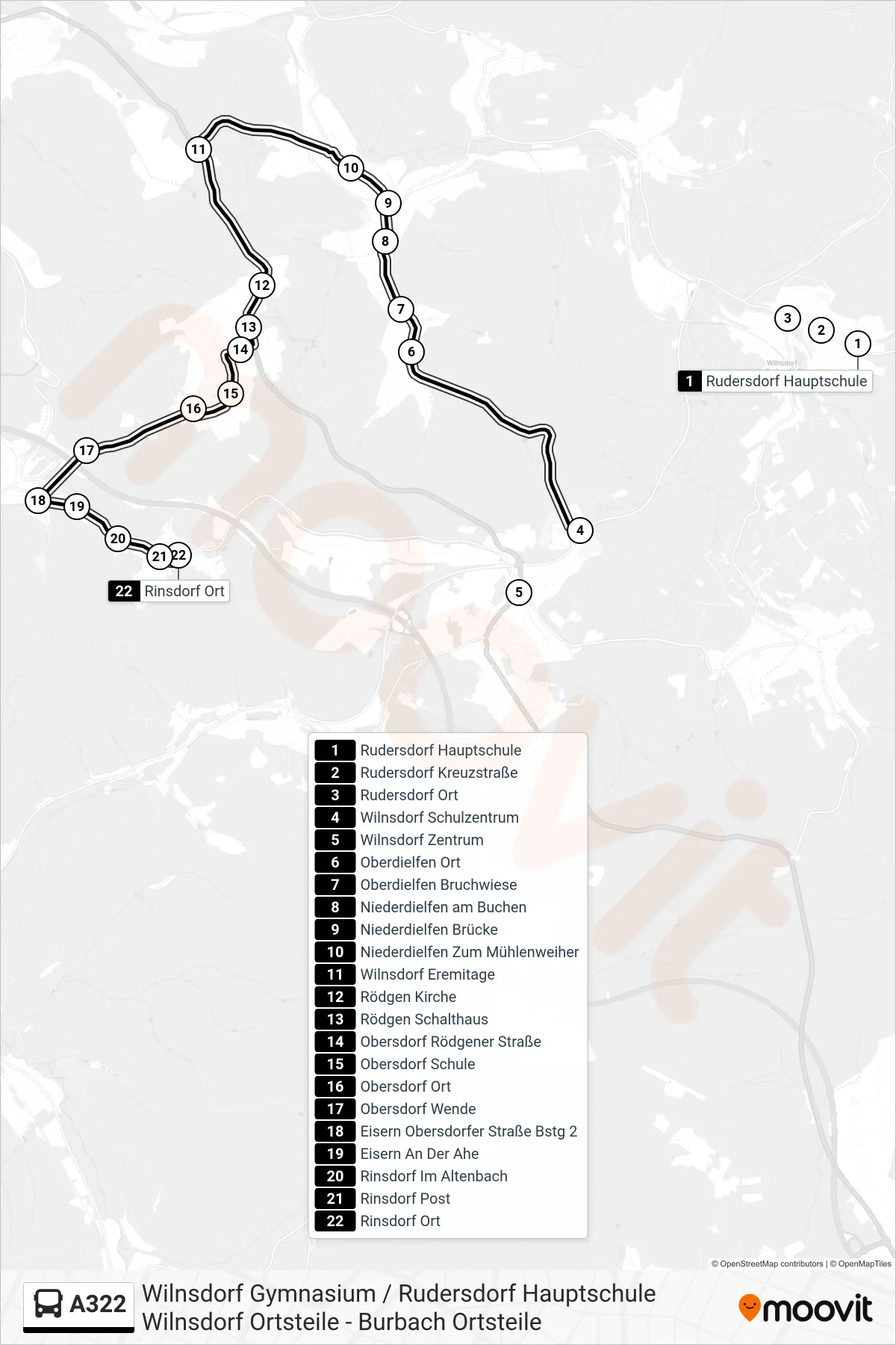 A322 bus Line (Rinsdorf Ort) route and stops on a map