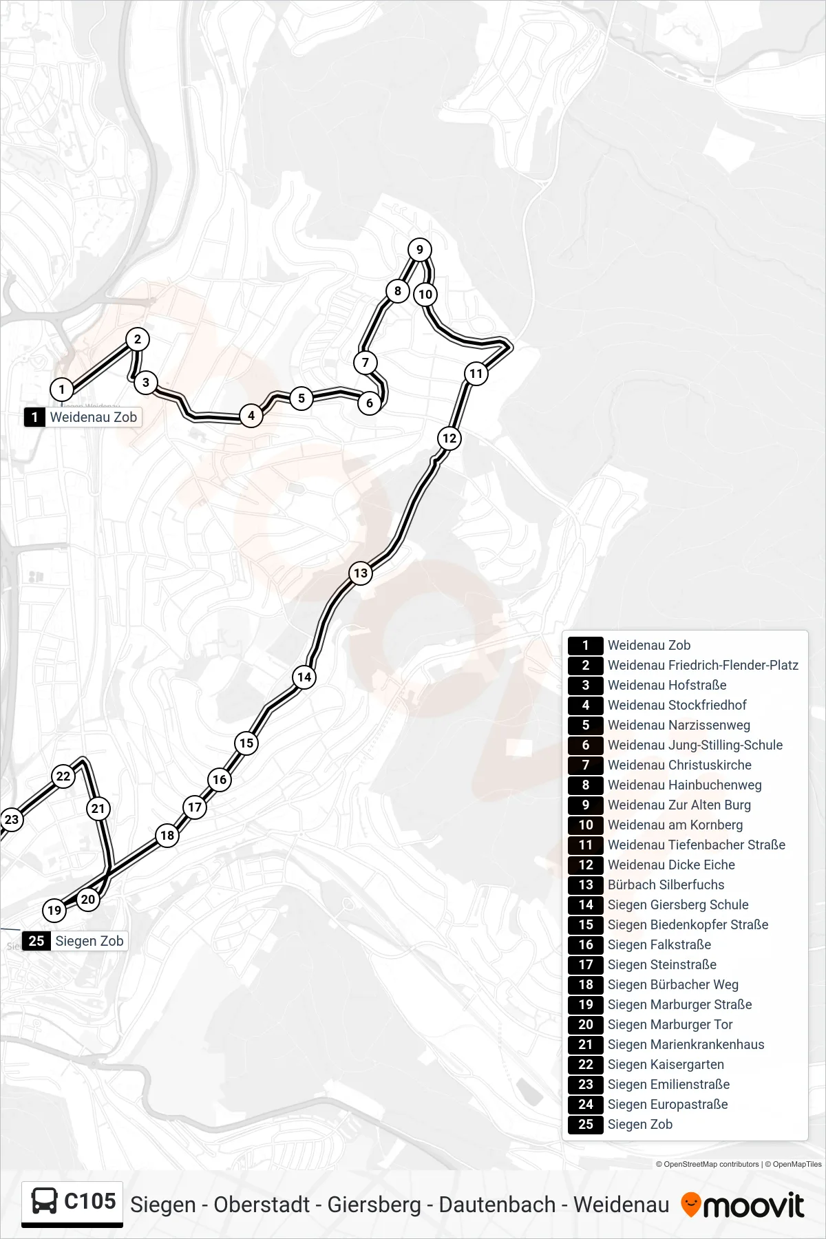 Linie C105 (Bus) Richtung Siegen Zob Bstg A: Route und Haltestellen auf der Karte