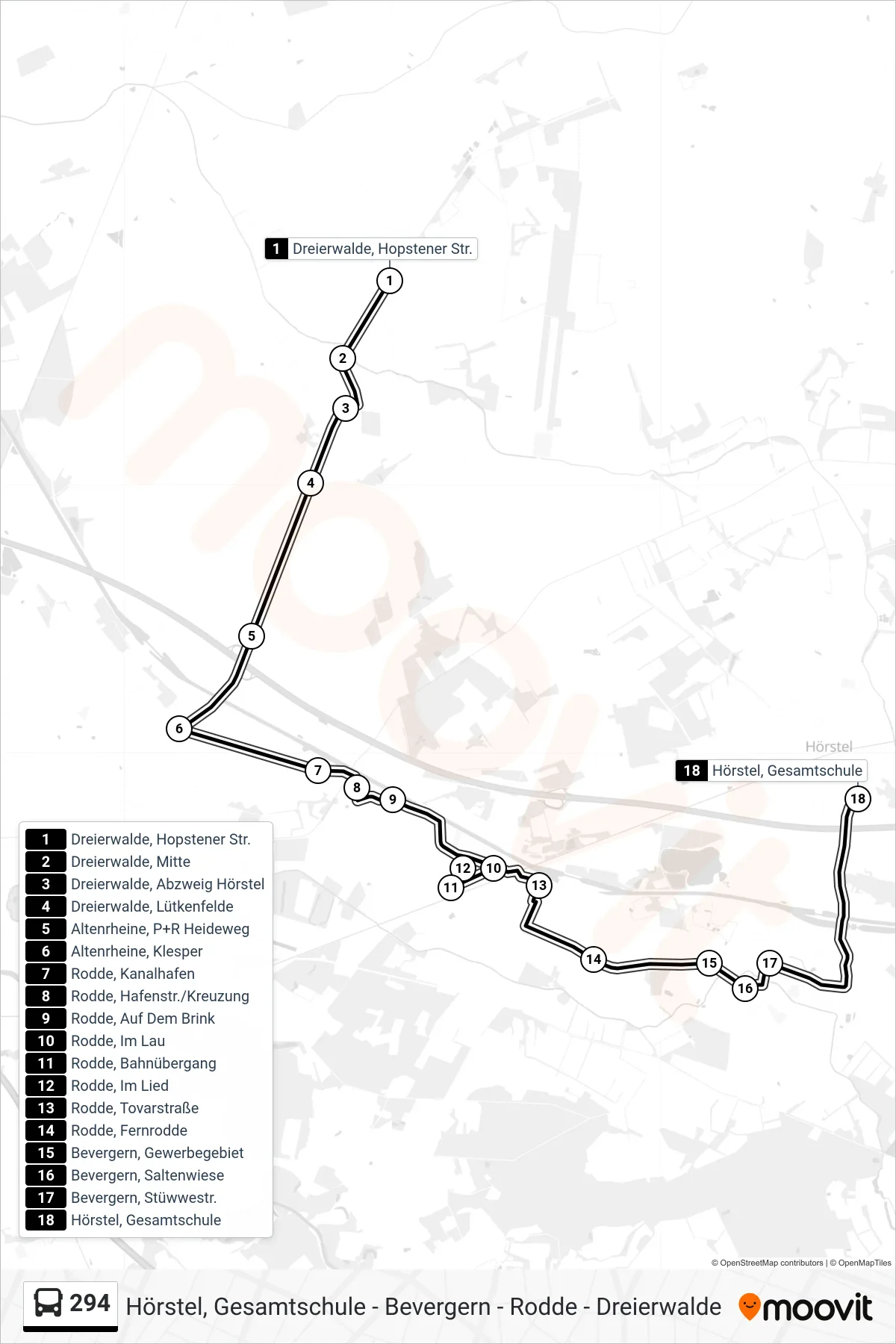 Linie 294 (Bus) Richtung Hörstel, Gesamtschule Bstg D: Route und Haltestellen auf der Karte