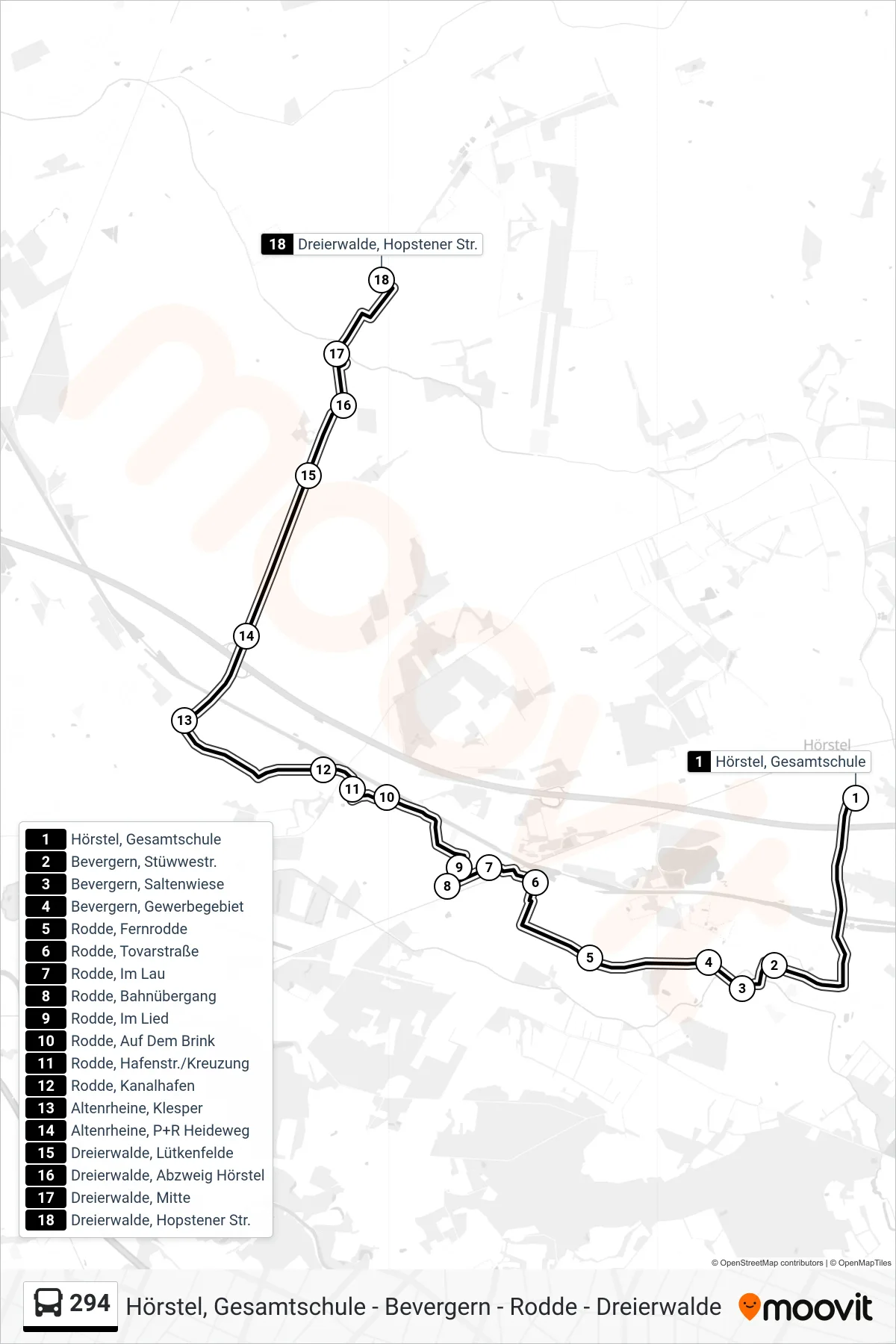 294 bus Line (Dreierwalde, Hopstener Str.) route and stops on a map