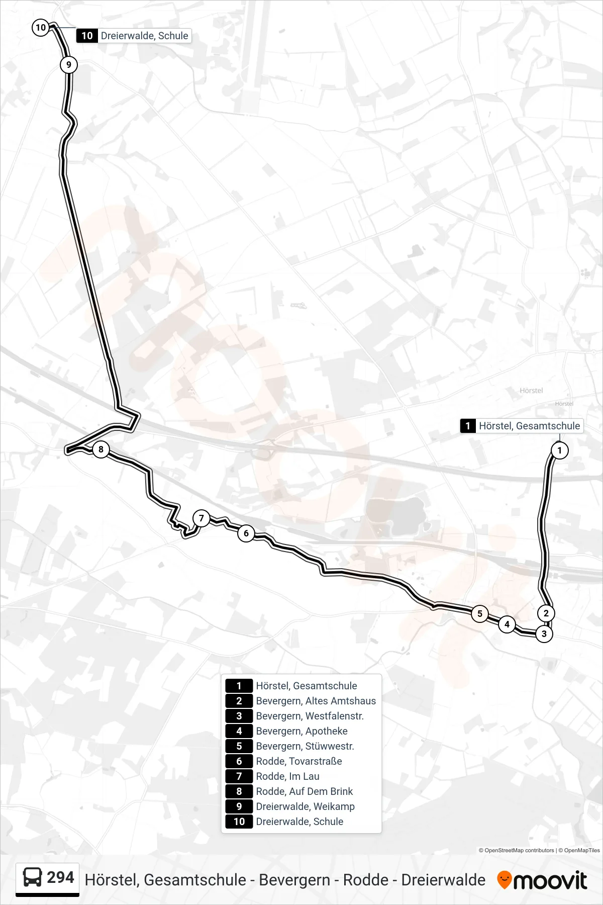 294 bus Line (Dreierwalde, Schule) route and stops on a map