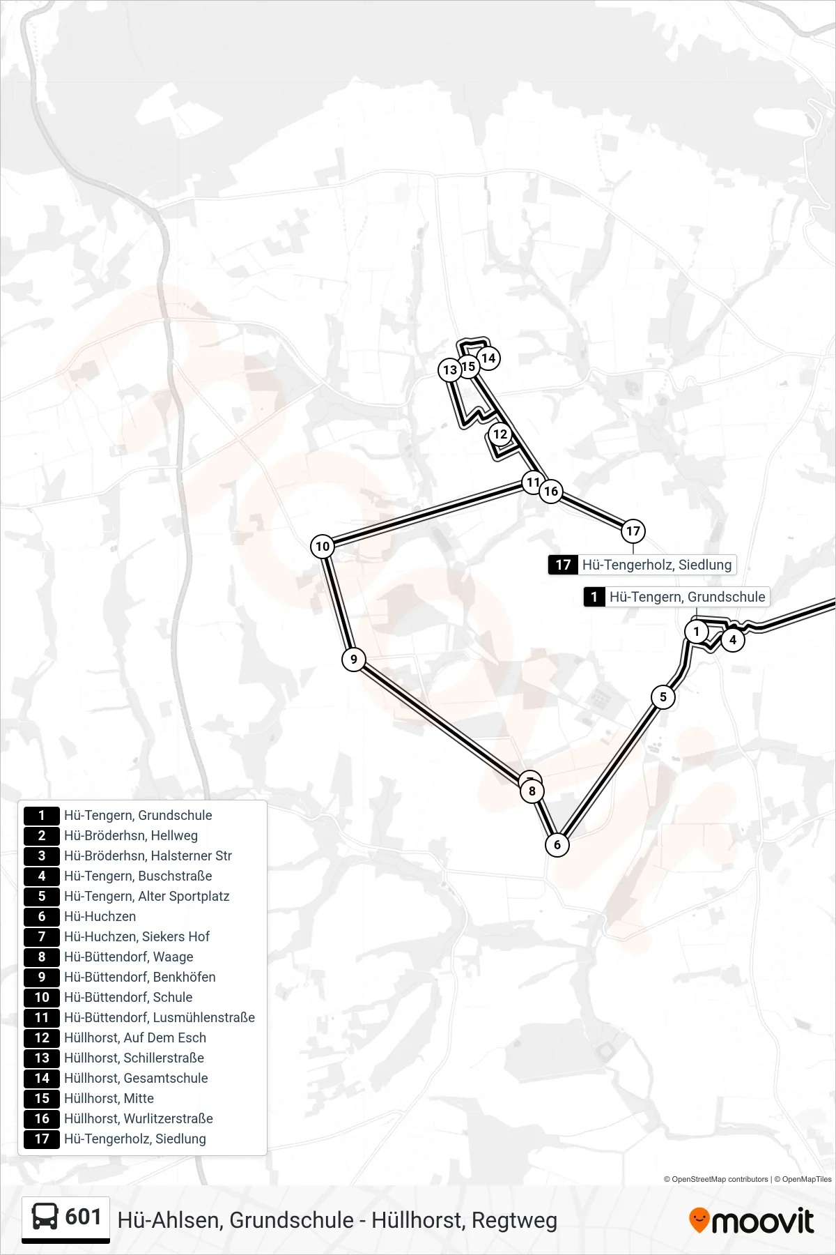 601 bus Line (Hüllhorst Gesamtschule) route and stops on a map