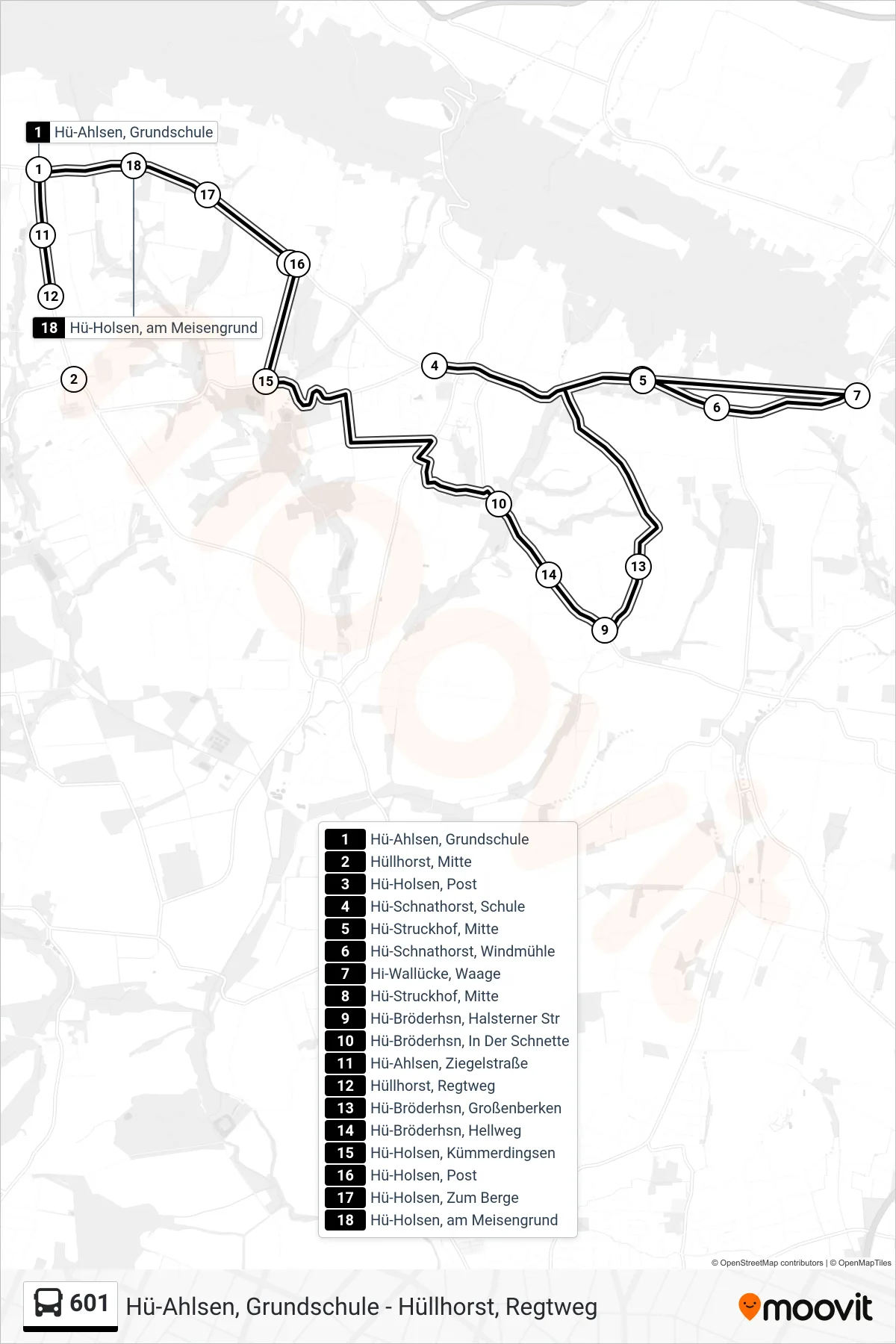 601 bus Line (Hüllhorst Regtweg) route and stops on a map