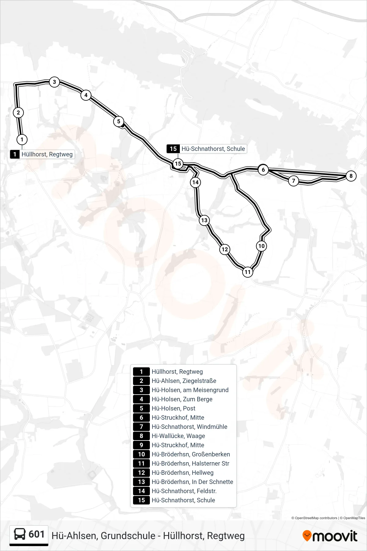 601 bus Line (Schnathorst Schule) route and stops on a map