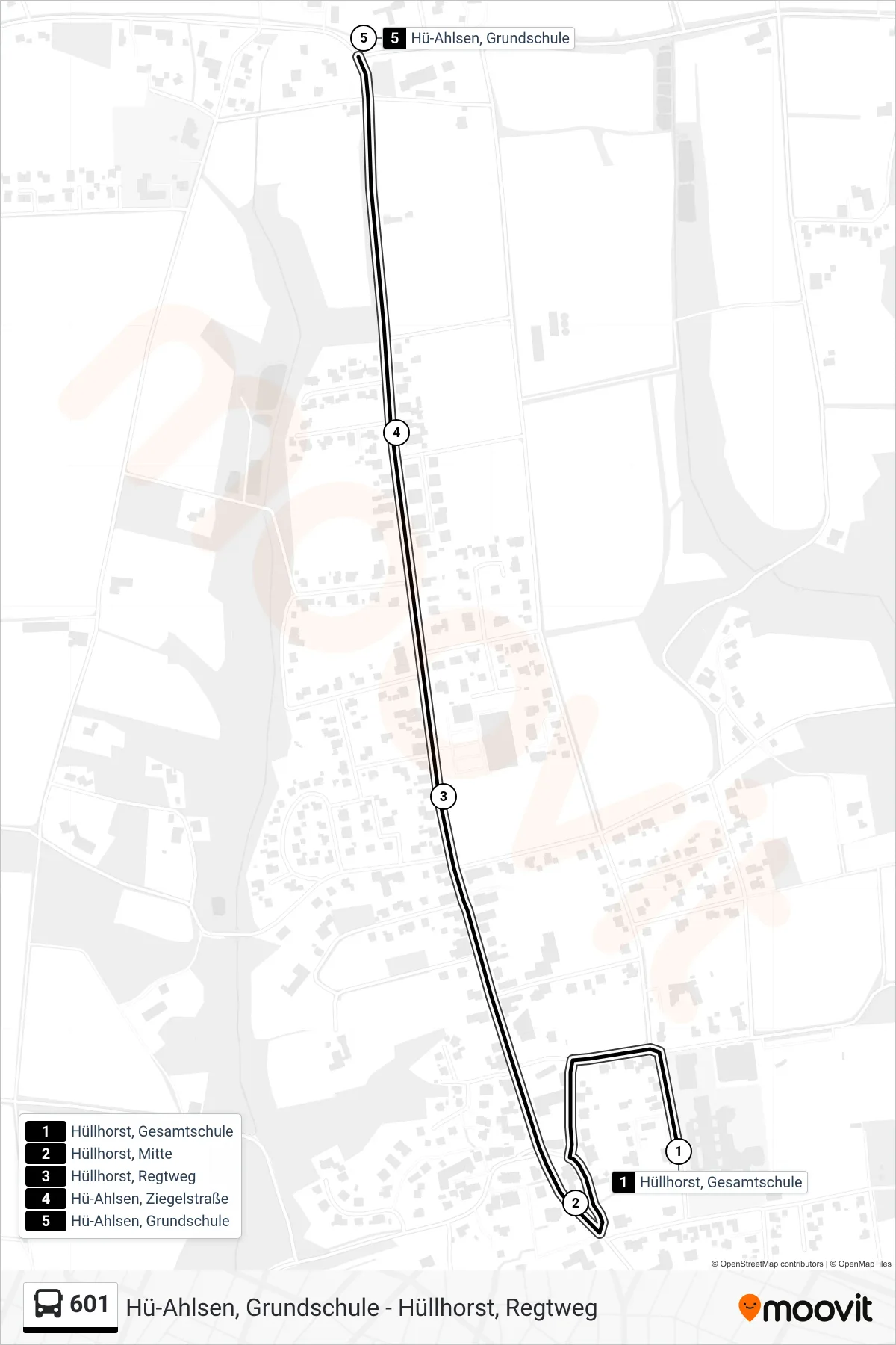 601 bus Line (Ahlsen Grundschule) route and stops on a map
