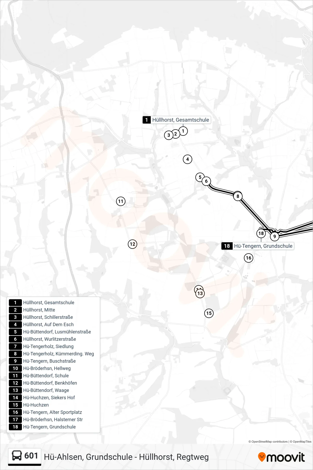 601 bus Line (Tengern Grundschule) route and stops on a map
