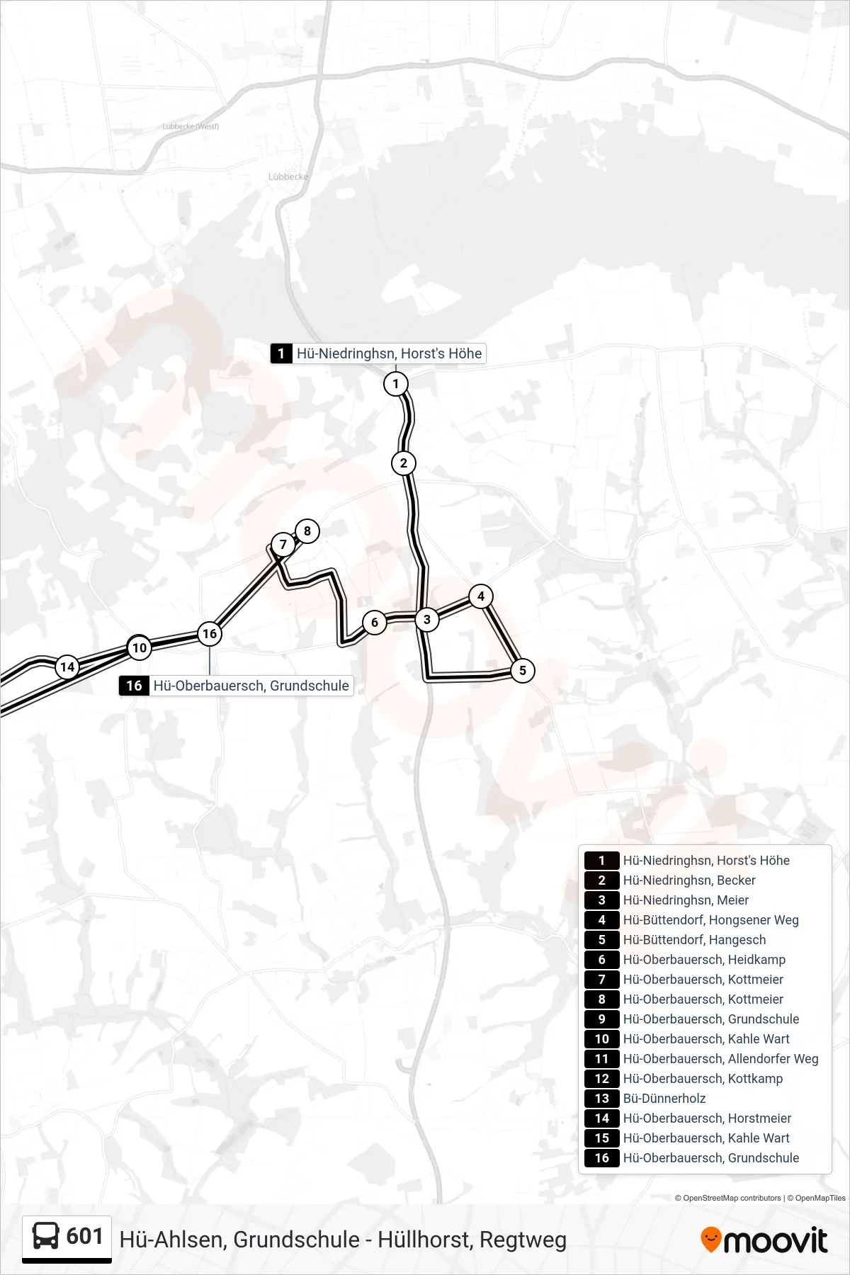 601 bus Line (Oberbauerschaft Grundschule) route and stops on a map