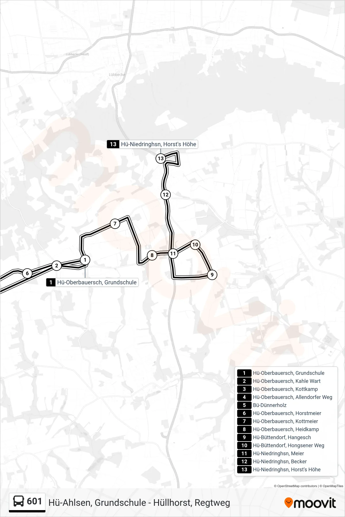 601 bus Line (Niedringhausen Horst's Höhe) route and stops on a map