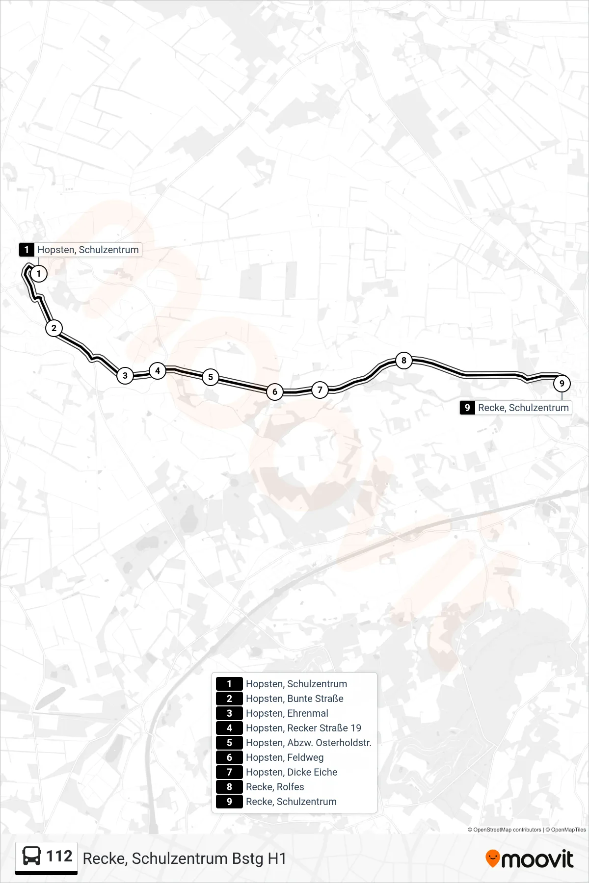 Linie 112 (Bus) Richtung Recke, Schulzentrum Bstg H1: Route und Haltestellen auf der Karte