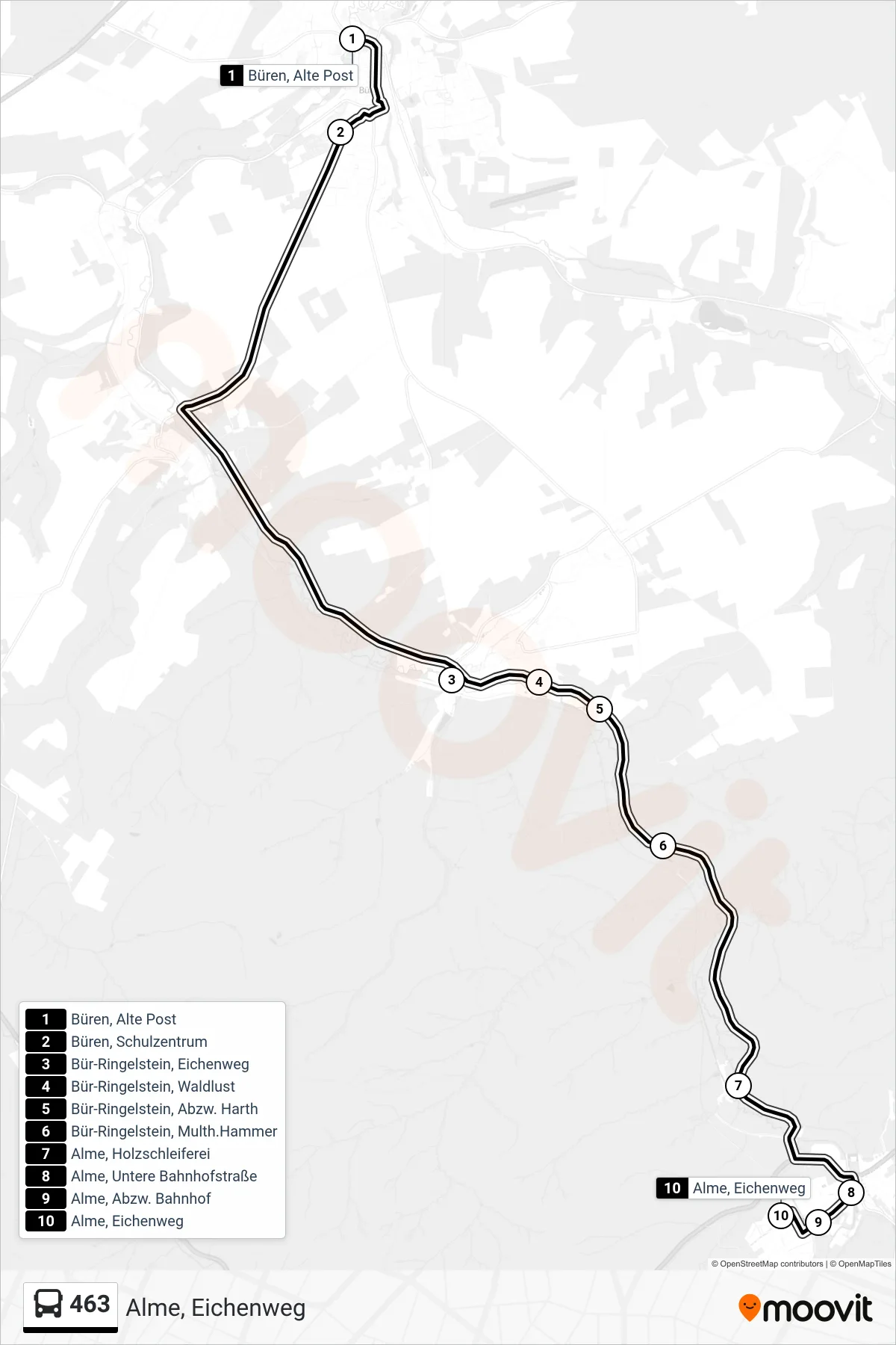 Linie 463 (Bus) Richtung Alme, Eichenweg: Route und Haltestellen auf der Karte