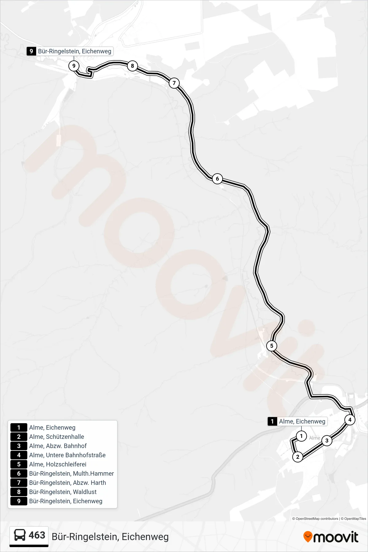 Linie 463 (Bus) Richtung Bür-Ringelstein, Eichenweg: Route und Haltestellen auf der Karte