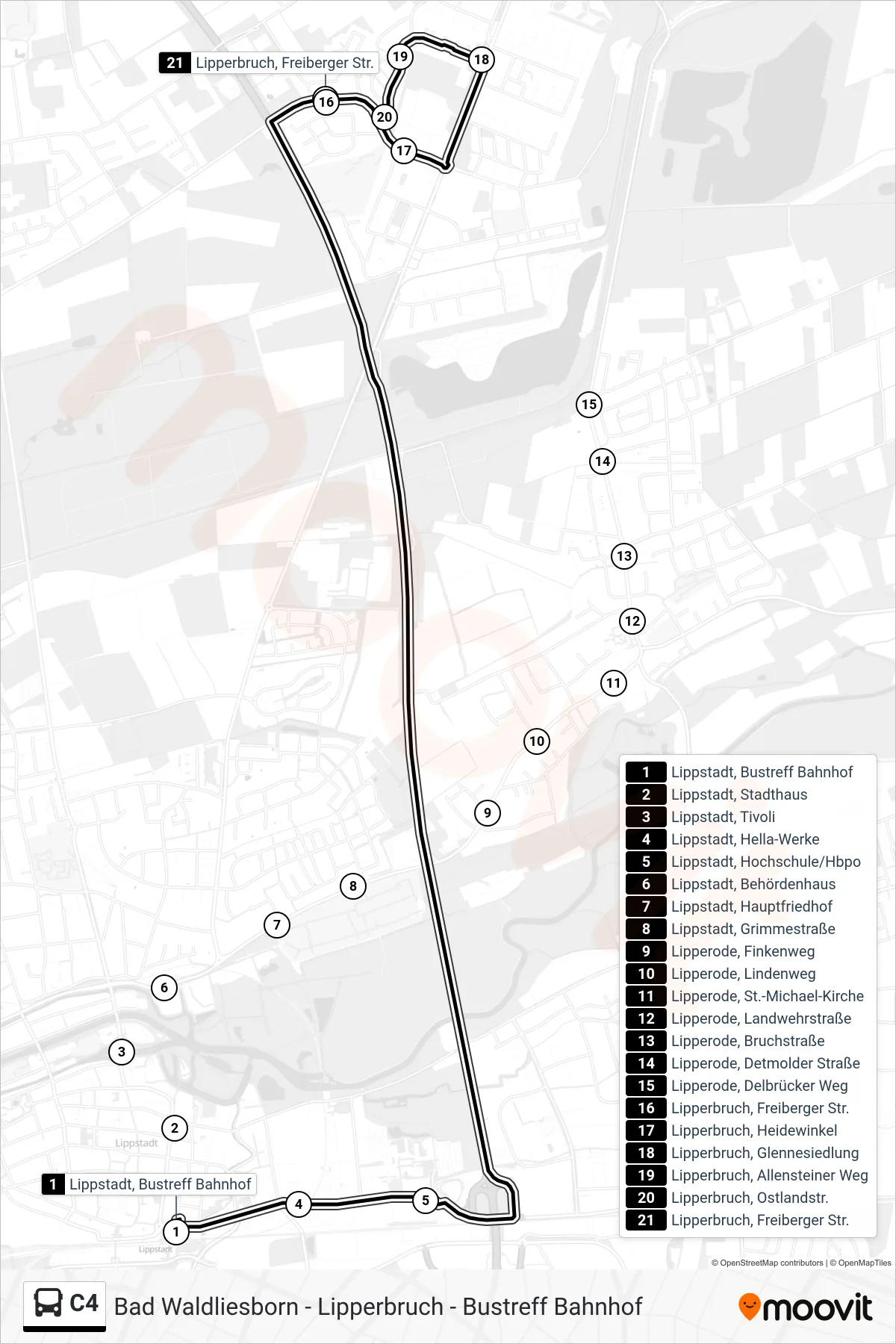 Linie C4 (Bus) Richtung Lipperbruch, Freiberger Str.: Route und Haltestellen auf der Karte
