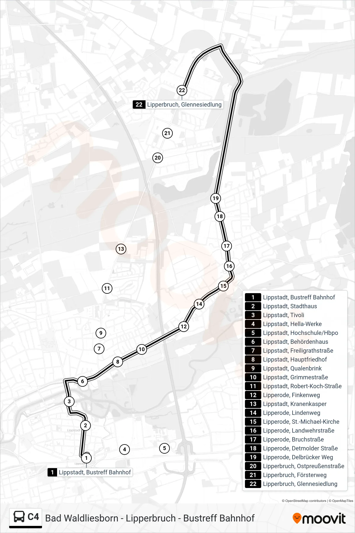 Linie C4 (Bus) Richtung Lipperbruch, Glennesiedlung: Route und Haltestellen auf der Karte