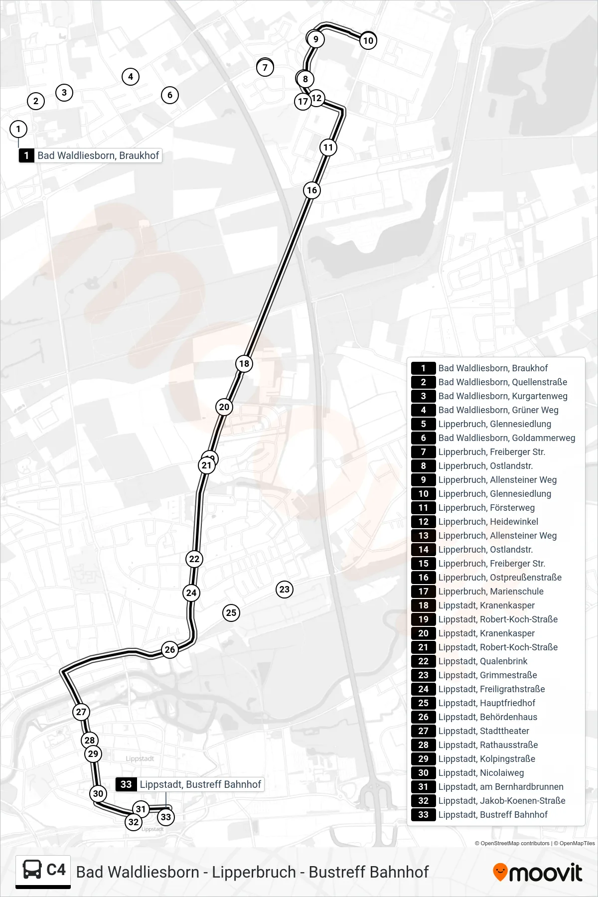 Linie C4 (Bus) Richtung Lippstadt, Bustreff Bahnhof B: Route und Haltestellen auf der Karte