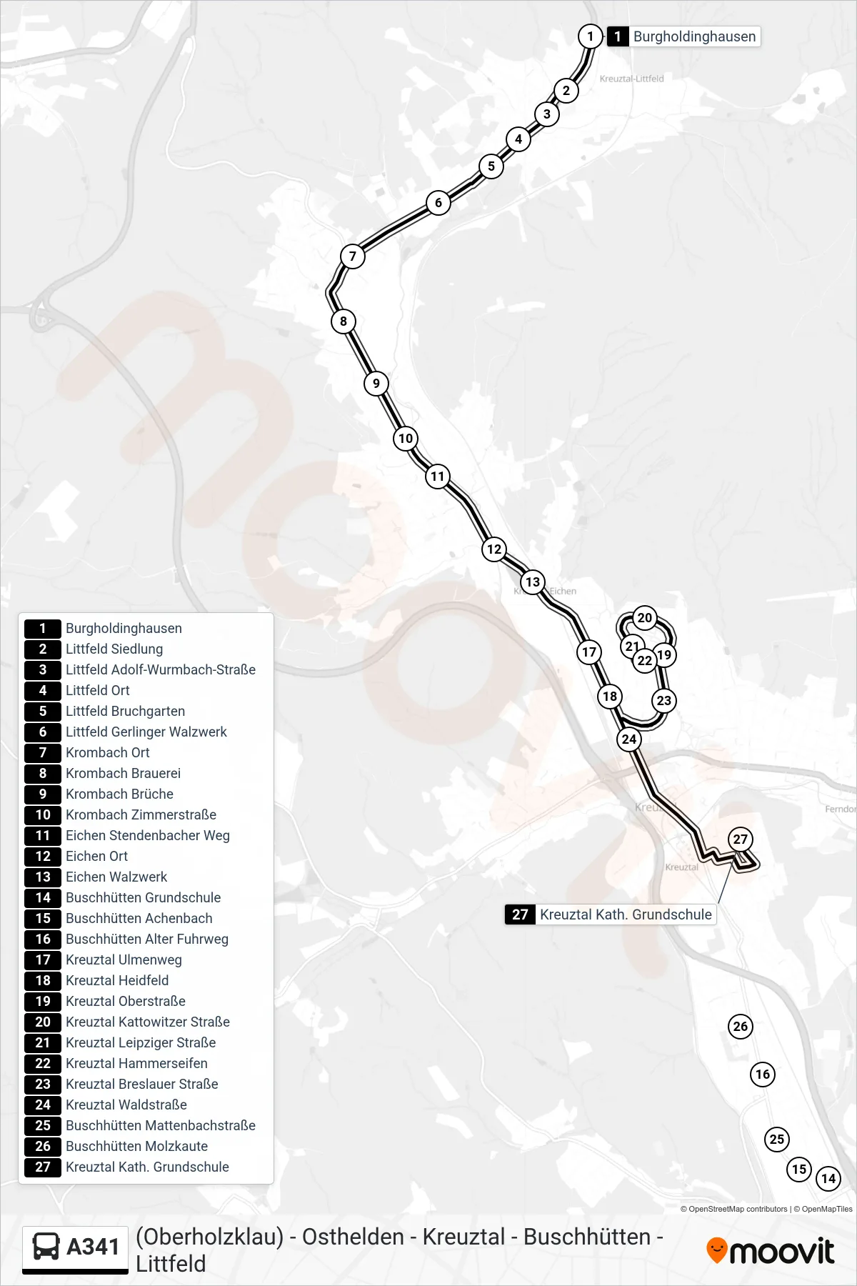 Linie A341 (Bus) Richtung Kreuztal Kath. Grundschule: Route und Haltestellen auf der Karte