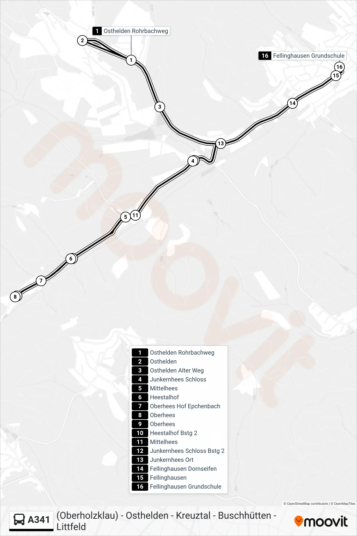 A341 bus Line (Fellinghausen Grundschule) route and stops on a map
